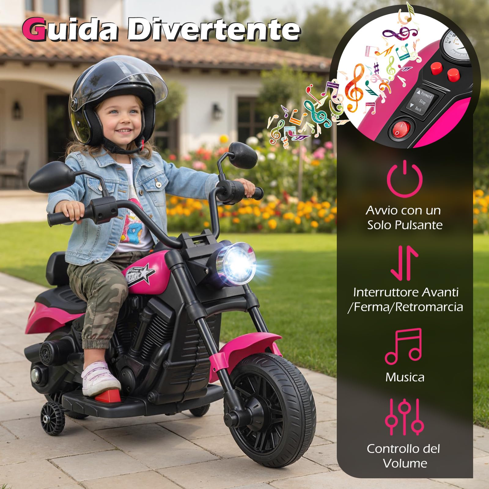 COSTWAY Moto Elettrica per Bambini, 6V Moto Cavalcabile con 2 Ruote di Supporto, Pedale, Fari e Musica, 2,4 km/h, per Bambini 3 Anni+, 79x58x56 cm (Rosa)