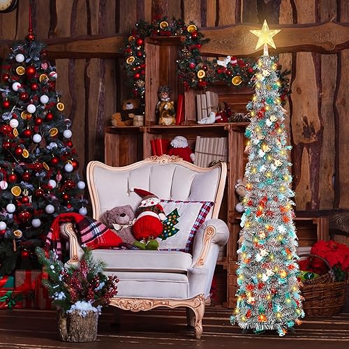 Miniatura 4 de Árbol de Navidad con 100 luces LED, cúpula de estrella, árbol de Navidad de oropel de 5 pies, plegable, árbol de Navidad artificial para Navidad,