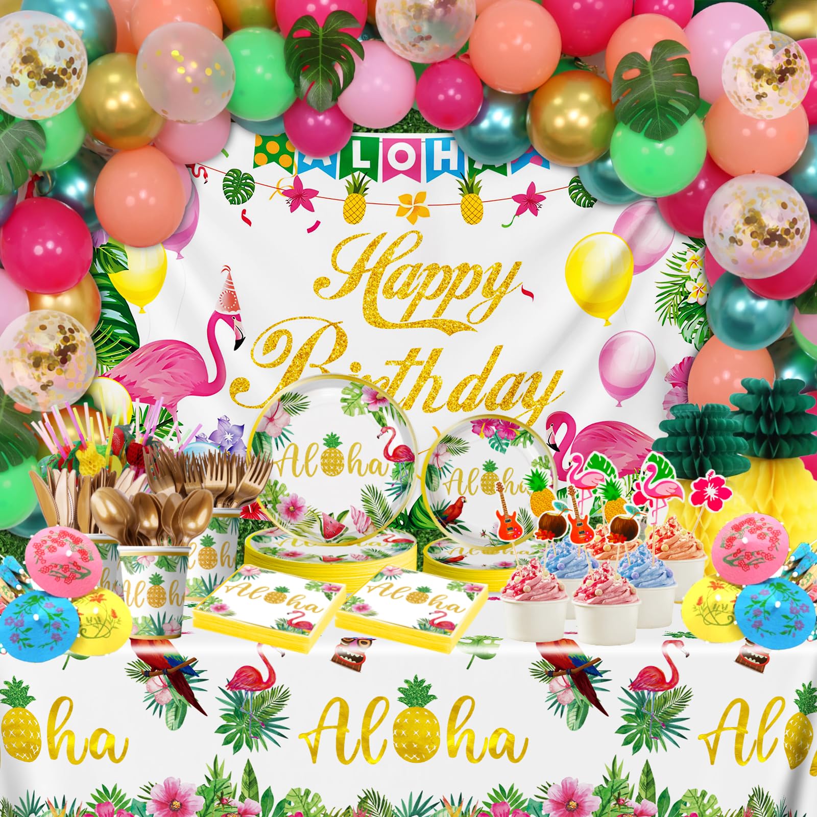 ALL IN ONE BOX, 346pcs Hawaiian Luau Birthday Party Decorations, Tropical Aloha Birthday Decorations, Dinnerware Set (25 Guest) with Plates,Cups,