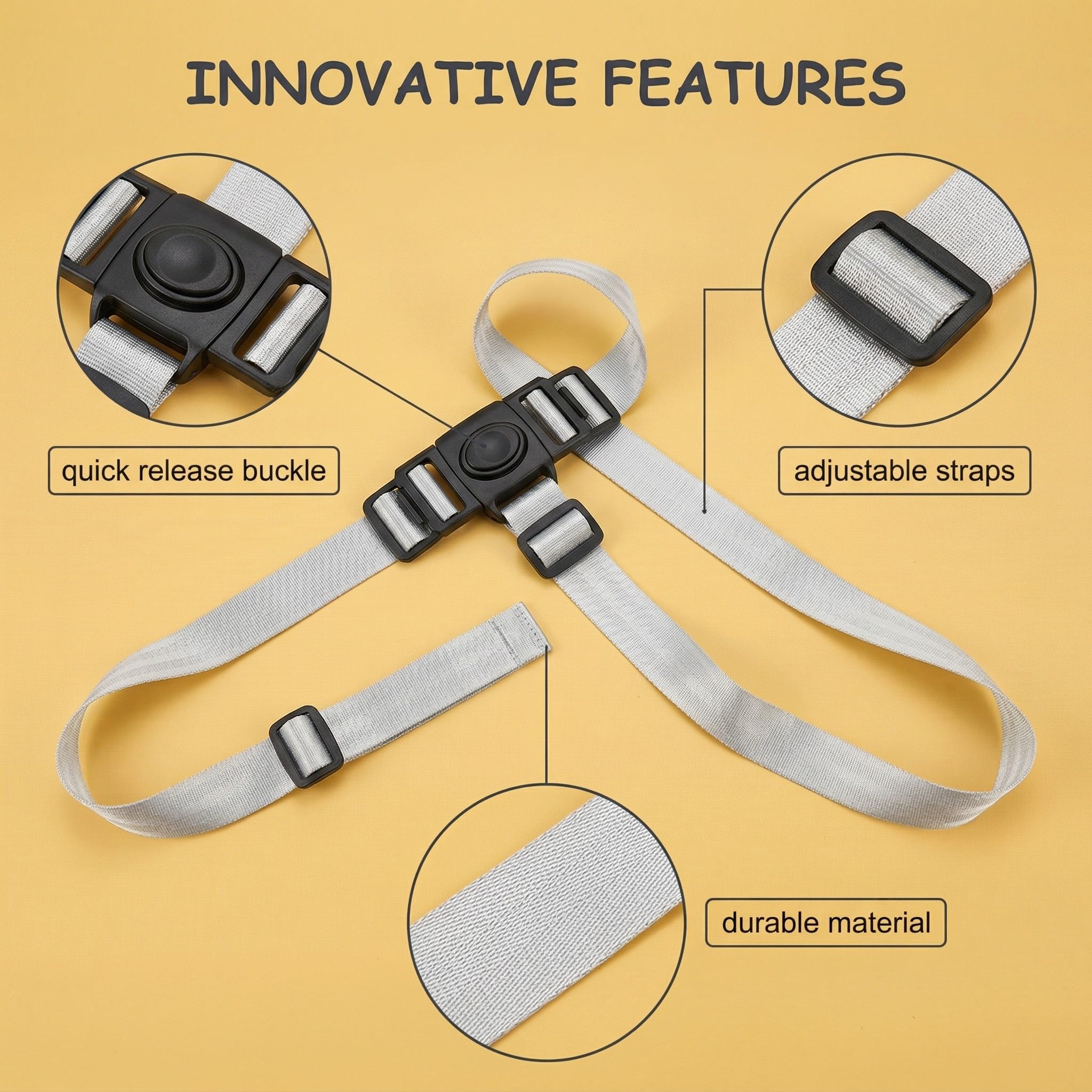 Cintura di Sicurezza a 3 Punti per Seggiolone Pappa, Imbracatura di Ricambio Universale e Regolabile, Cinghia di Protezione per Passeggino, Carrozzina e Sedia Bumbo (Grigio Bianco)