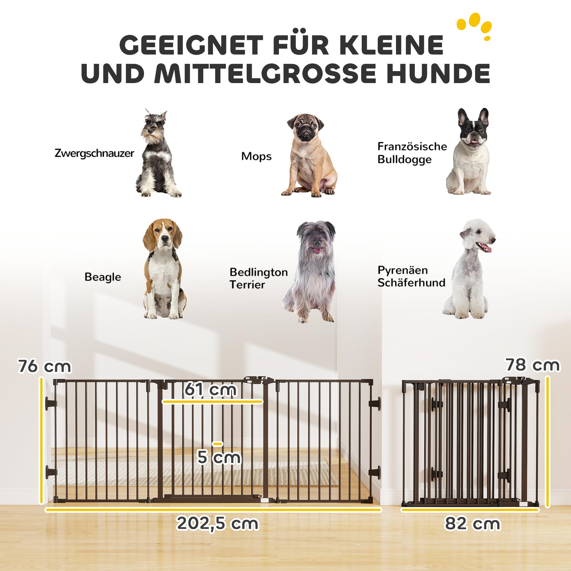 PawHut Barierka dla psa wolnostojąca regulowana 202,5 x 76 cm Czarna | Krata ochronna, krata dla psa składana, krata do drzwi, barierka dla psa, do schodów, drzwi, kuchni, korytarza, 3 panele