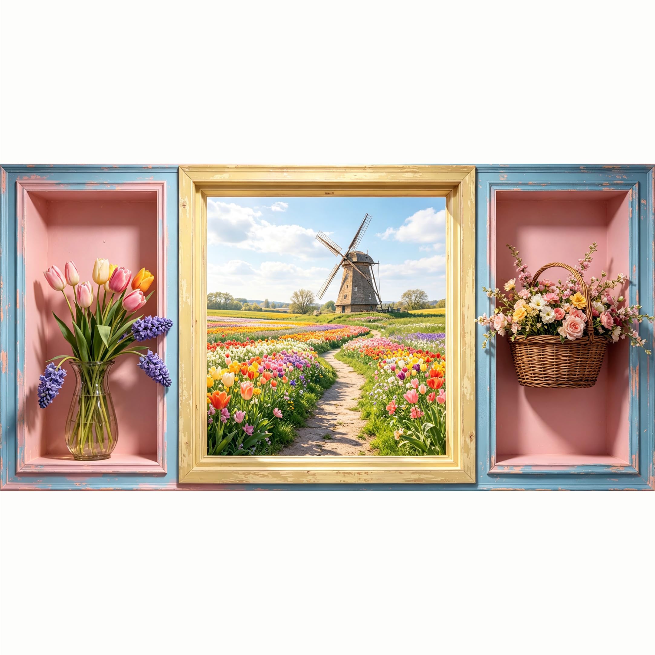 QZLITHOTIC 50x100cm 3D Framed Wall Art， Dutch Windmill Tulip Field Botanical Landscape SelfAdhesive Mural， WaterActivated Peel & Stick Fabric Decor Wall Decal for Bedroom Living Room