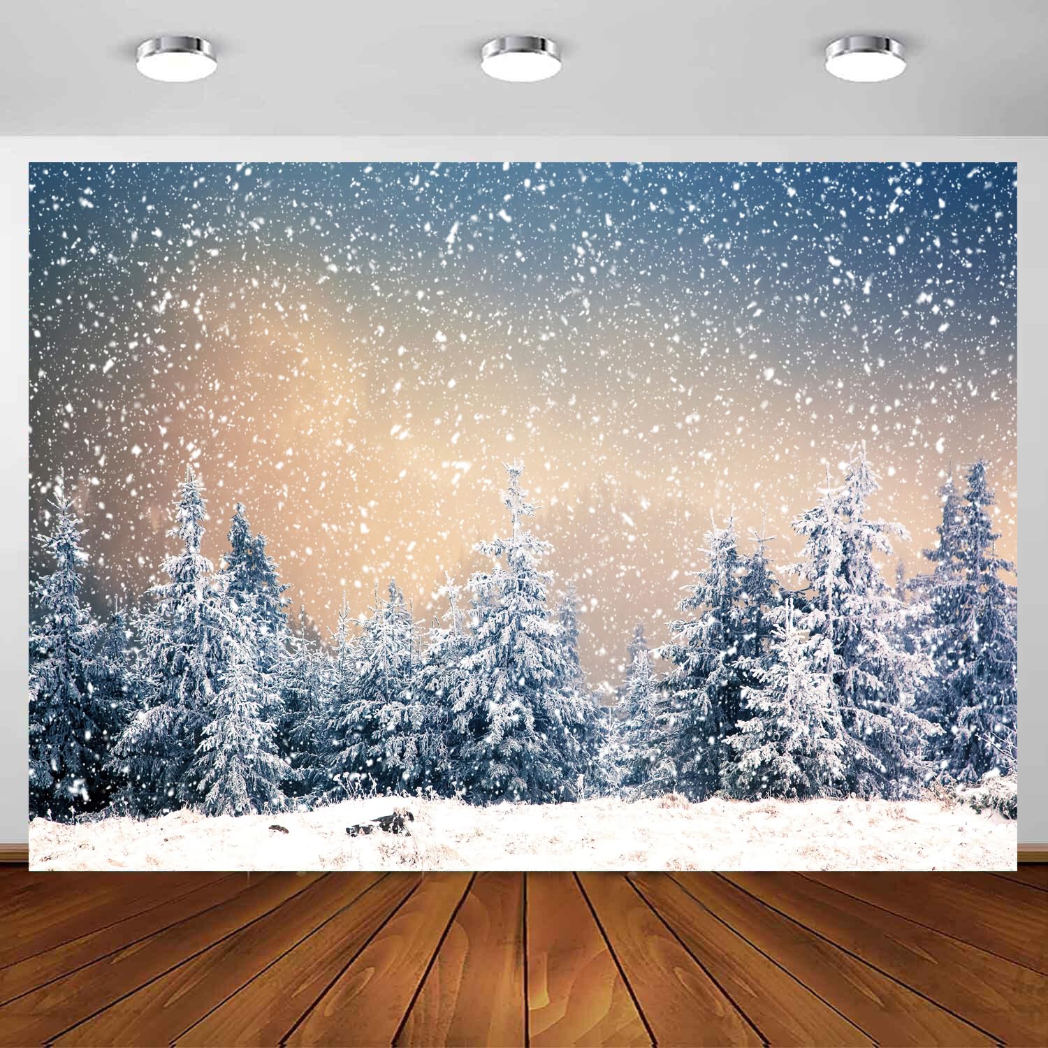Winter Christmas Backdrop 7 x 5 ft, Xmas Woodland Forest Snowing White Sparkle Snowflake Bokeh Glitter Christmas Scenery Party Banner Photo Shoot