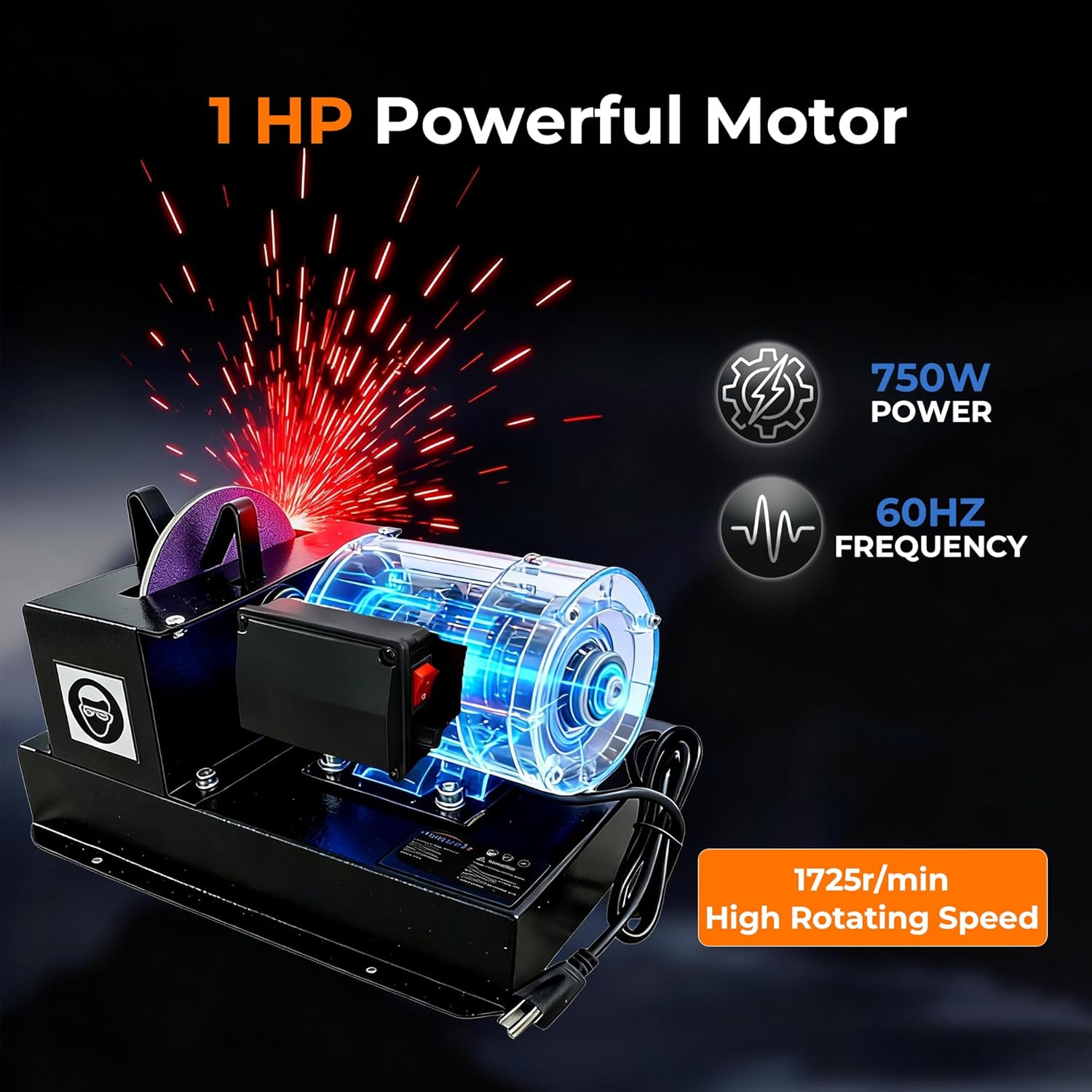 Lawn Mower Blade Sharpener with Upgraded Spark Guard, 1HP 750W Bench Grinder, 9-Inch Ceramic Wheel, 30°/40° Angle Brackets, Extra Sandpapers, for High/Low Lift, Gator & Flat Blades