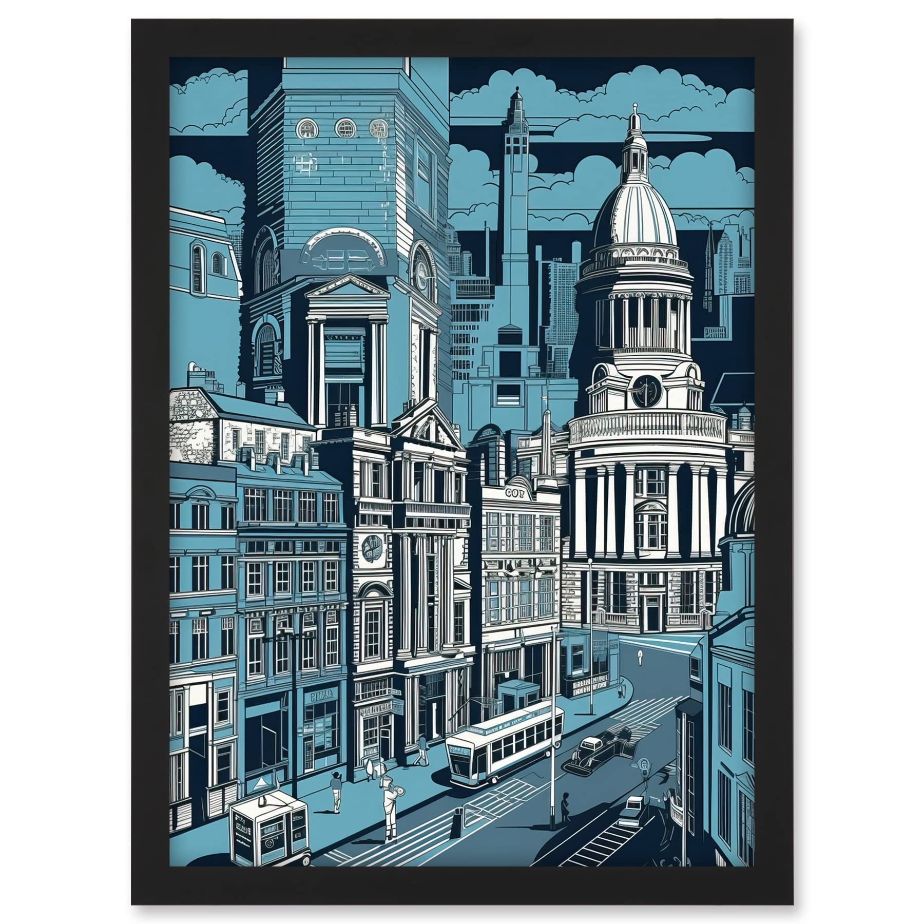 Artery8 Belfast Cityscape City Centre Hall Linocut Style Artwork Framed A3 Wall Art Print