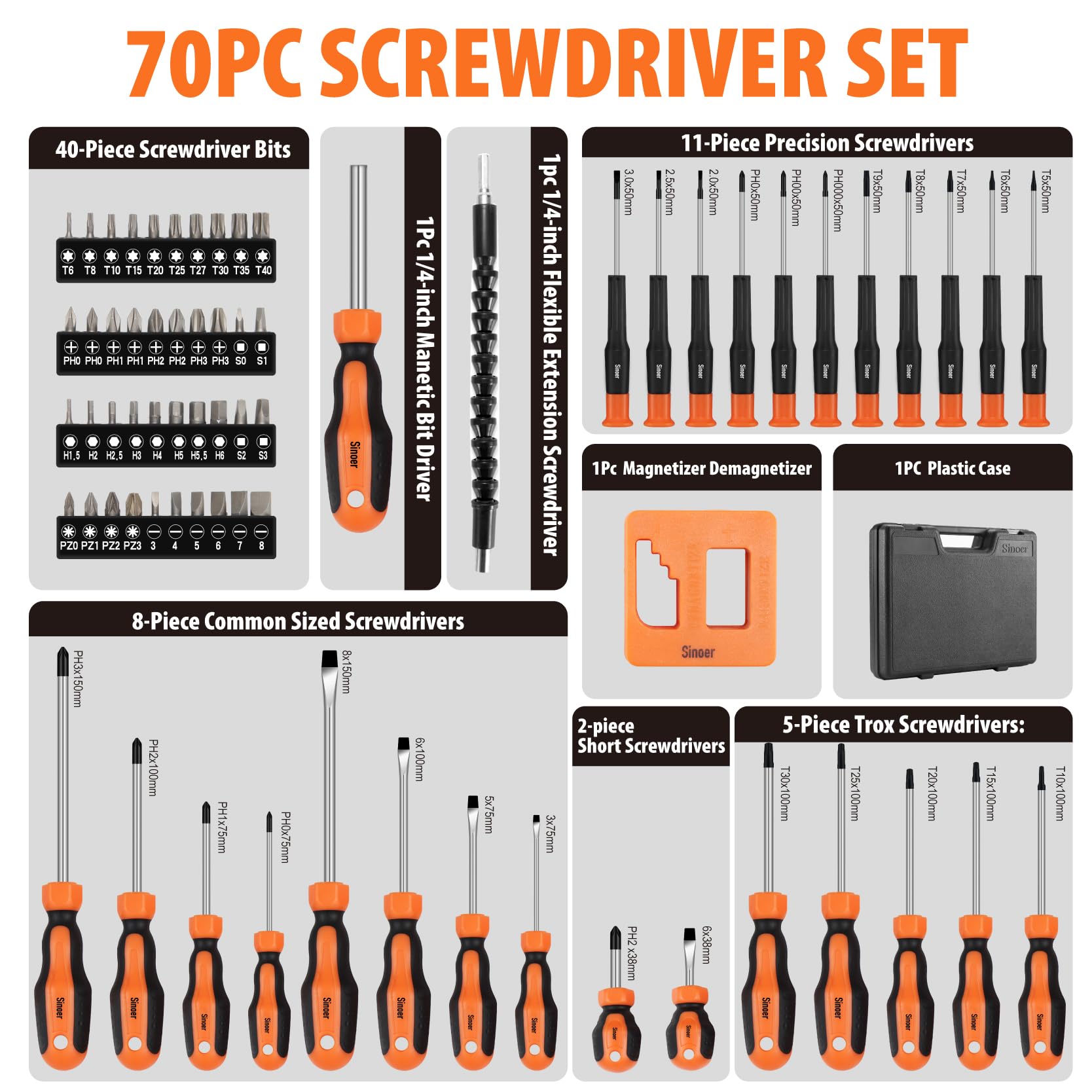 Sinoer 70-częściowy zestaw wkrętaków magnetycznych z etui, zawiera rowki, Phillips, Torx, sześciokątny, kwadratowy, Pozidriv i precyzyjny zestaw śrubokrętów, narzędzia prezenty dla mężczyzn
