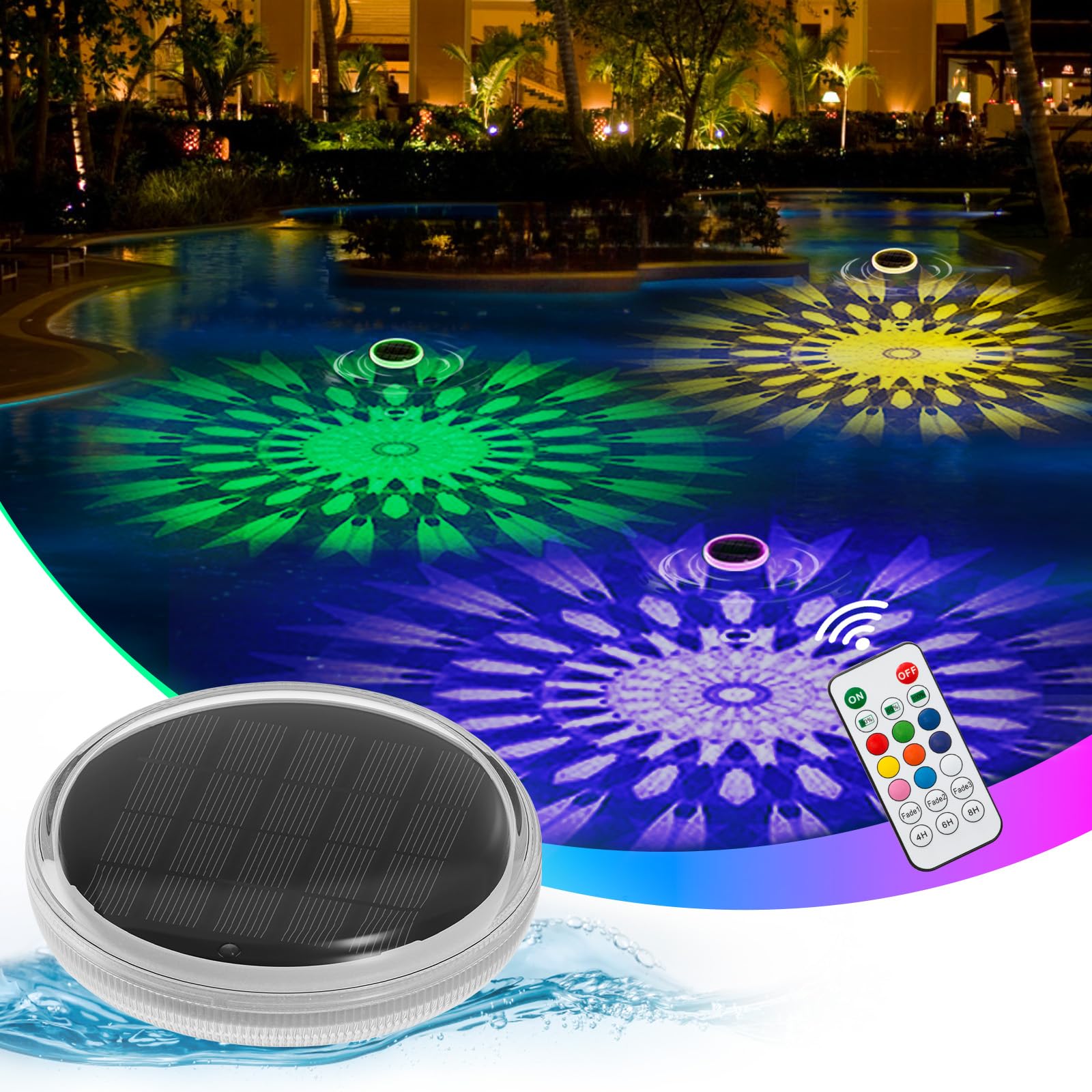 MATEPROX Solar Floating Pool Lights, Rechargeable RGB Pool Light with Remote Control, 9 Lighting 3 Mode, IPX7 Waterproof for Swimming Pool, Garden, Bathtub, Indoor Parties(1 PCS)