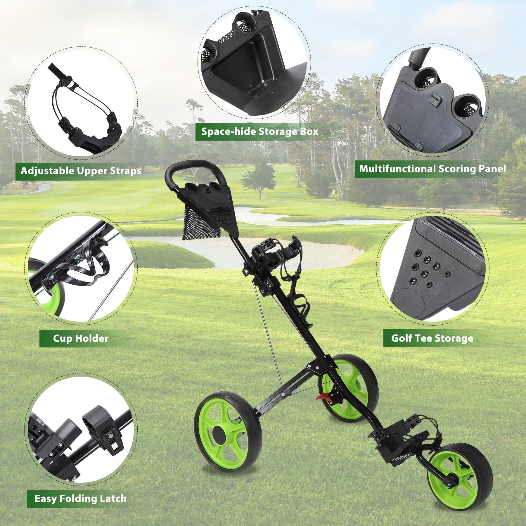 REDCAMP Golf Trolley, 3 Rad Golftrolley, Golfwagen Golf klappbar, Grün | Ultraleicht, mit Fußbremse,Golfcaddy Golf Push Cart aus Aluminum, Golfwagen klappbar mit Getränkehalter & Aufbewahrungstasche