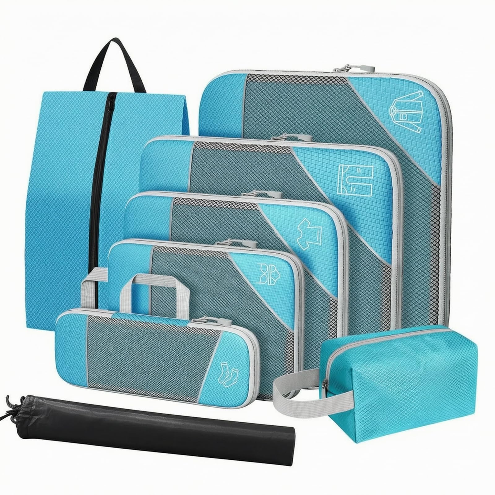8 è Organiteur Valise En Nylon Pratique Kit Rangement Déplacement Compartimen à Fmure Éclair Compact pr, Bleu Ciel