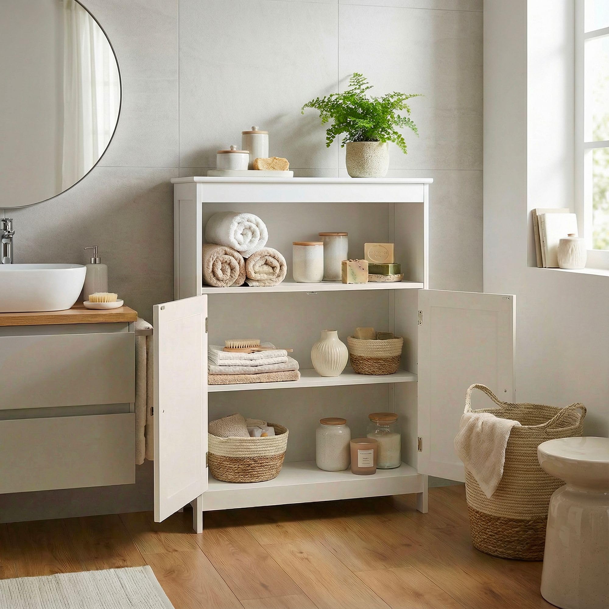 WOHNLING Meuble de Salle de Bain 60x28x80 cm Blanc Cannage, Portes Étagère