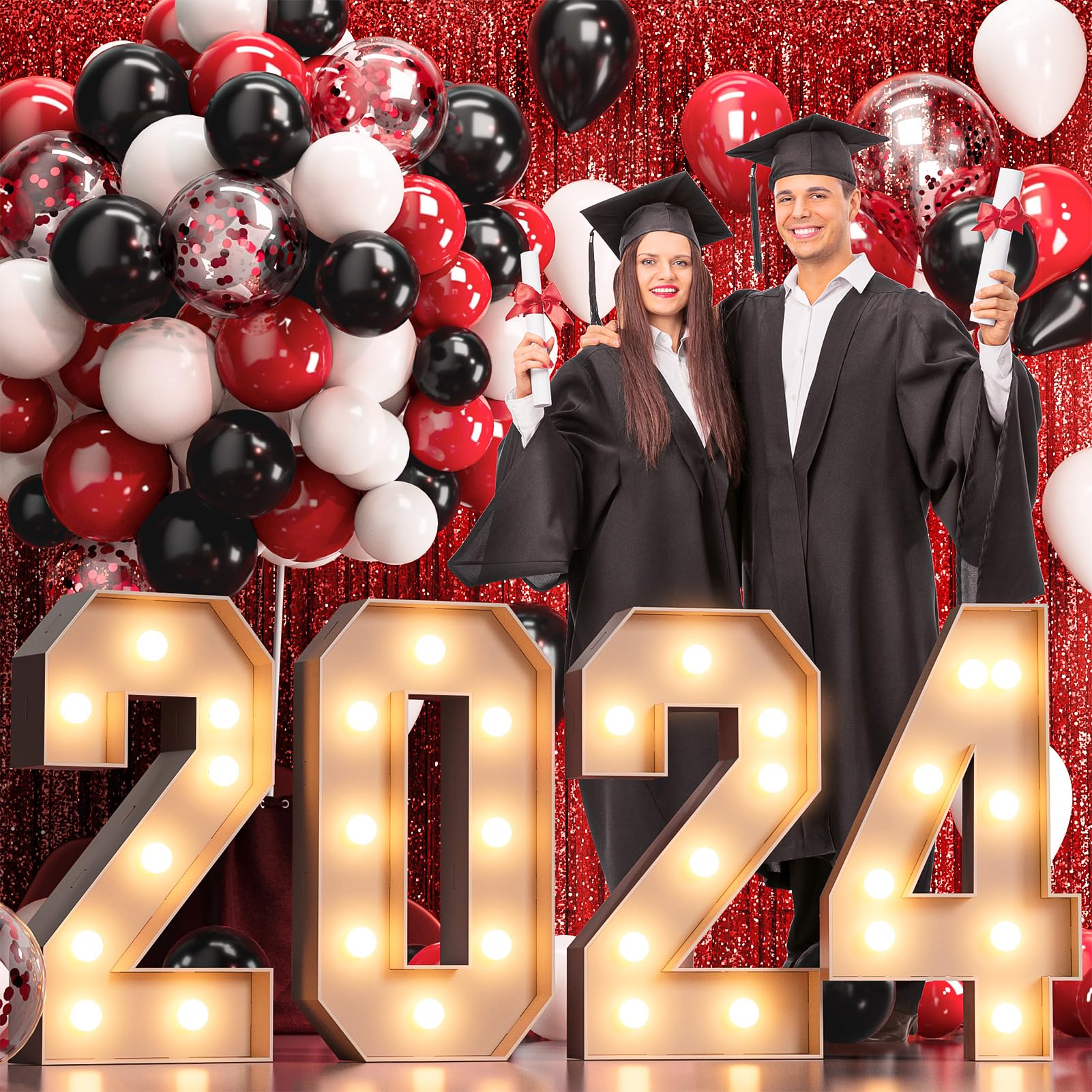 Graduation Decorations of Class 2024, 78 PCS Grad Party Supplies with 2FT Large Mosaic Marquee Light Up Letter Number “2024�, LED String Light Balloon Arch Kit for Outdoor Indoor Prom Decor- Red Black