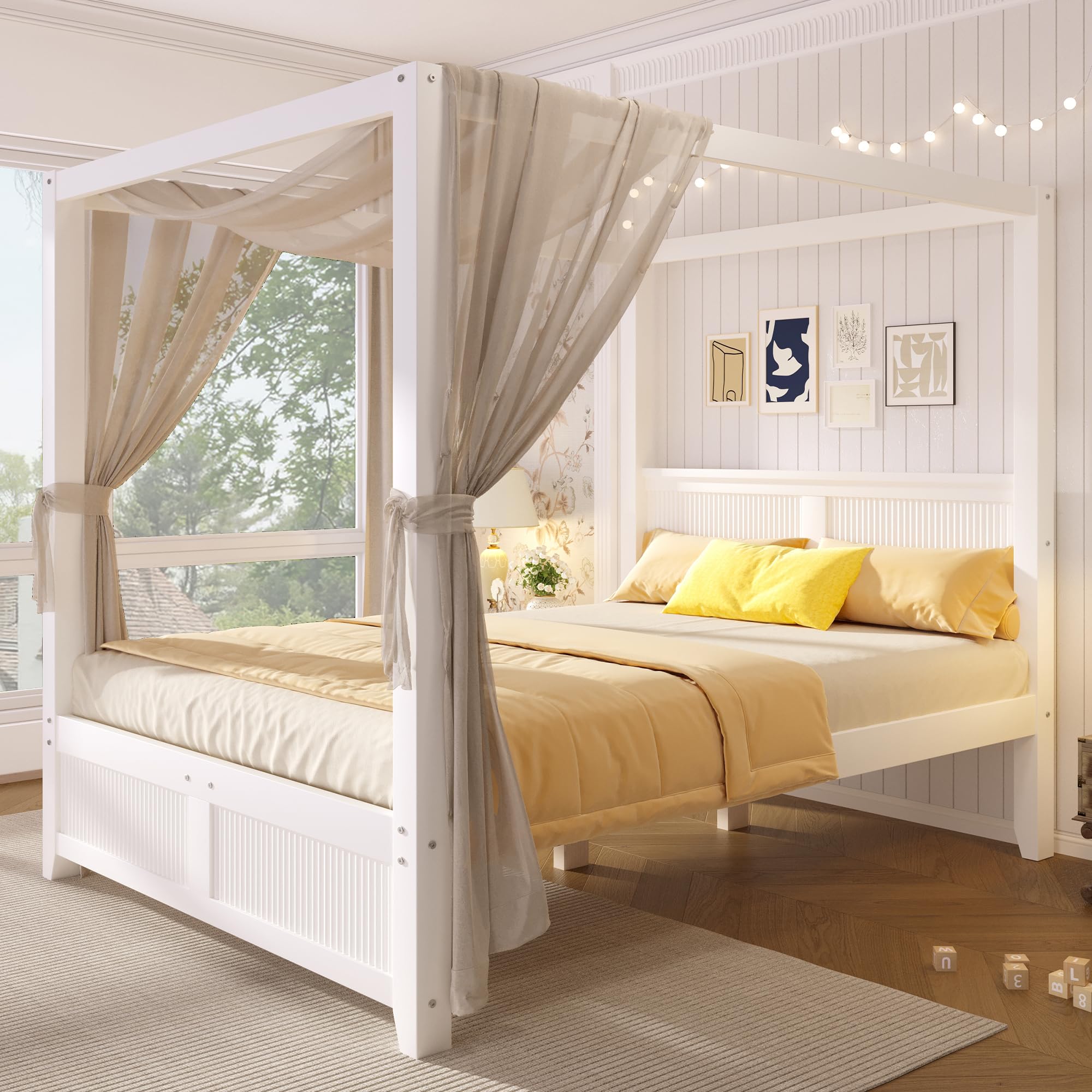 Himmelbett 140x200 cm aus Holz mit dekorativem Dachrahmen und vertikalen Lamellen am Kopf- und Fußteil, Weiß