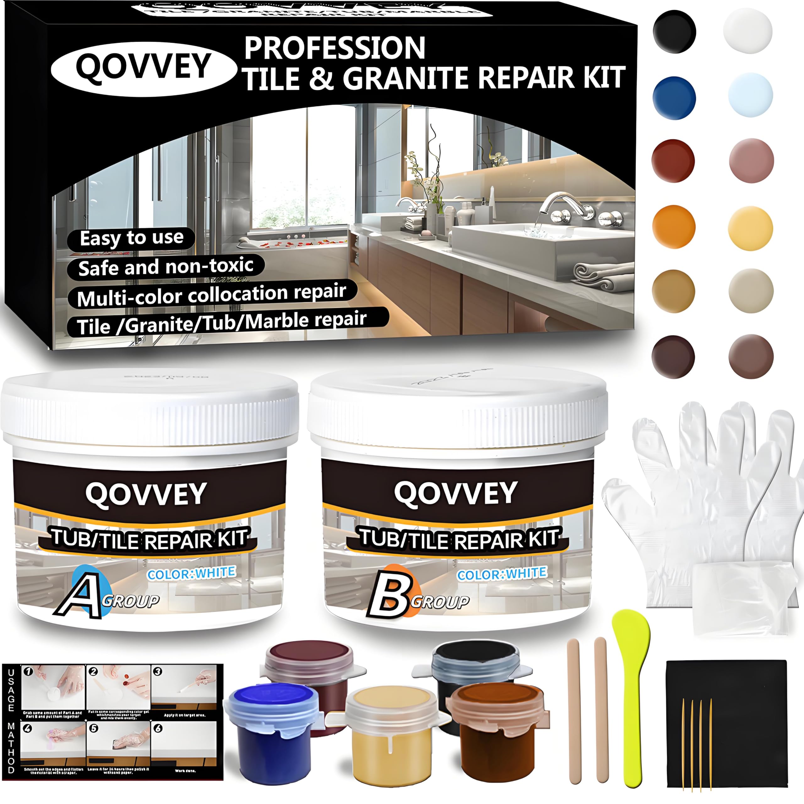 Tile & Fiberglass Quartz Countertop Repair Kit (Color Match), Granite & Tub Repair Kit, 4 oz Porcelain Sink Mable Chip Repair for Cracks Chips Dents Holes Almond Biscuit Bone (Multicolored)