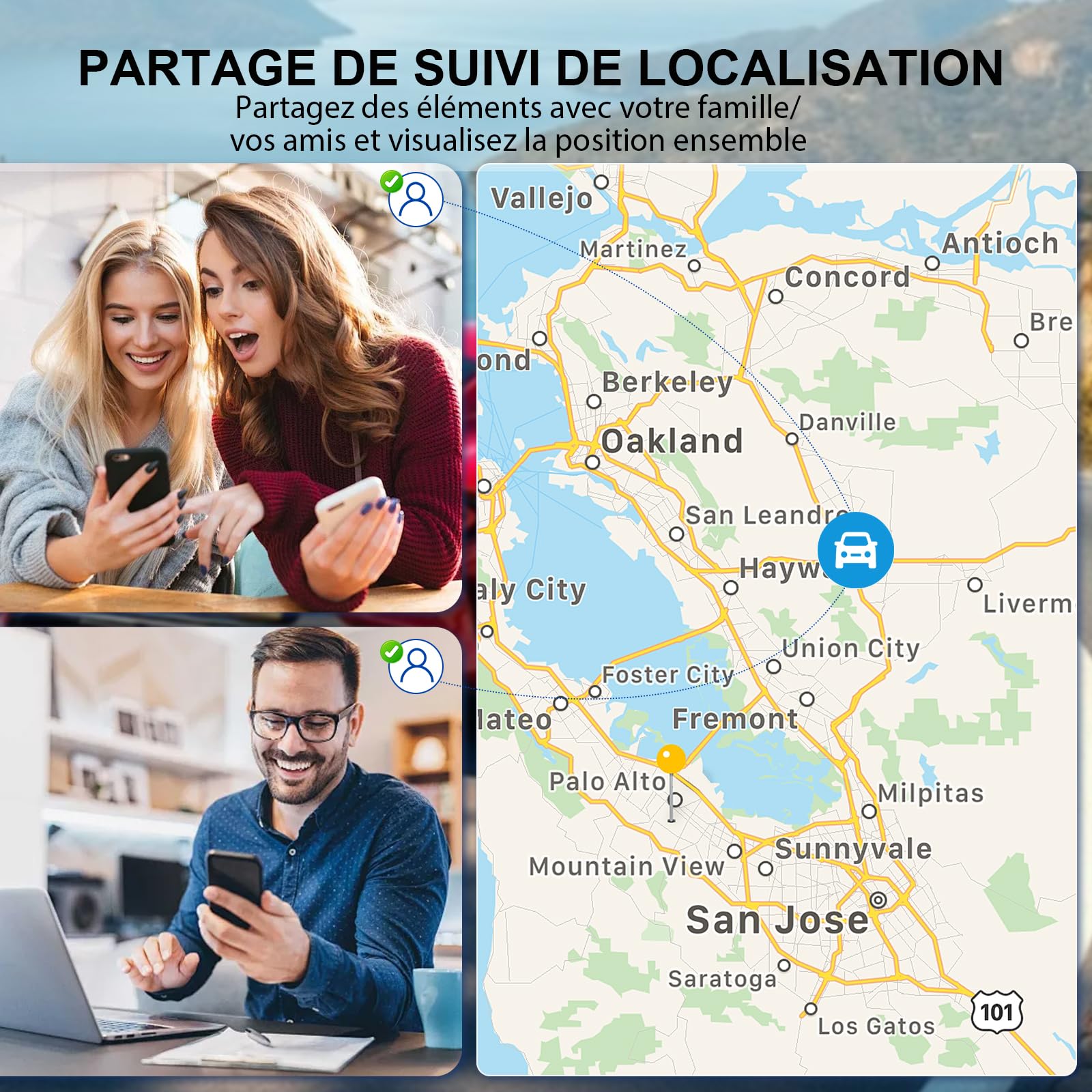 Traceur GPS Voiture,Magnétique Smart Tag Tracker,Traceur caché localisateur,Traceur sans Abonnement,Étanche IP67,Compatible avec iOS et Android,pour Véhicules/clés/Moto/Bagage/Enfant/Wallet