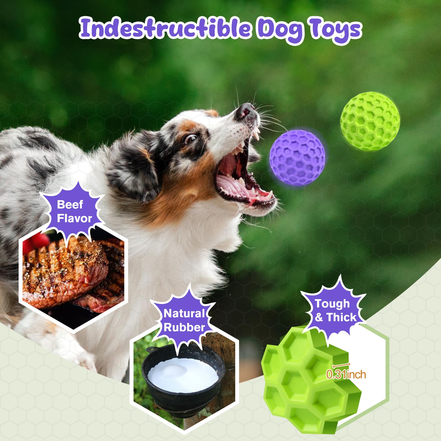 Giocattoli per cani che scricchiolano per masticatori aggressivi, Palline per cani indistruttibili per masticatori aggressivi, Palline viola cigolanti per cani, Giocattoli interattivi per