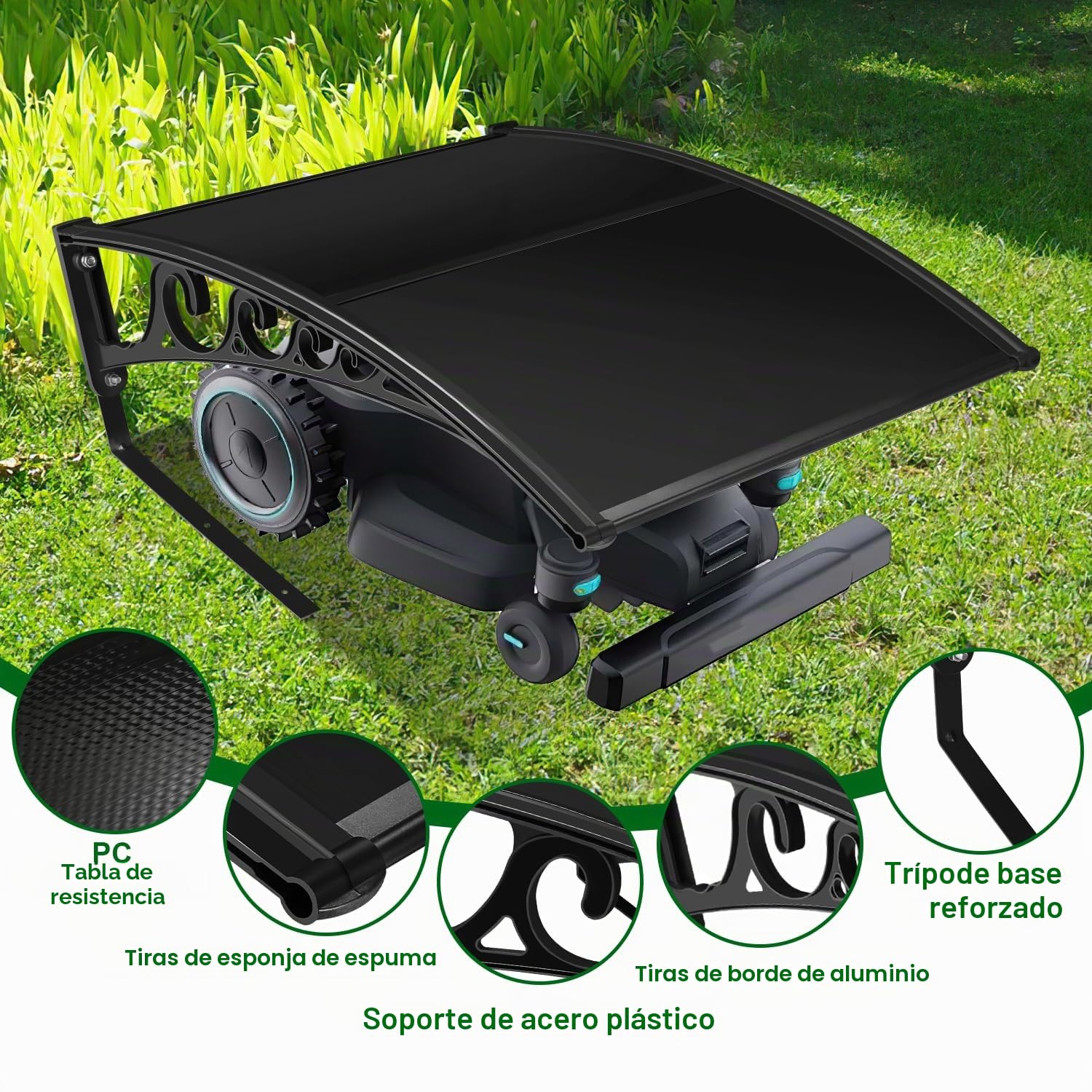 Cortacésped robótico con techo, 106 x 87 x 50 cm, garaje para robot cortacésped, protección UV, negro