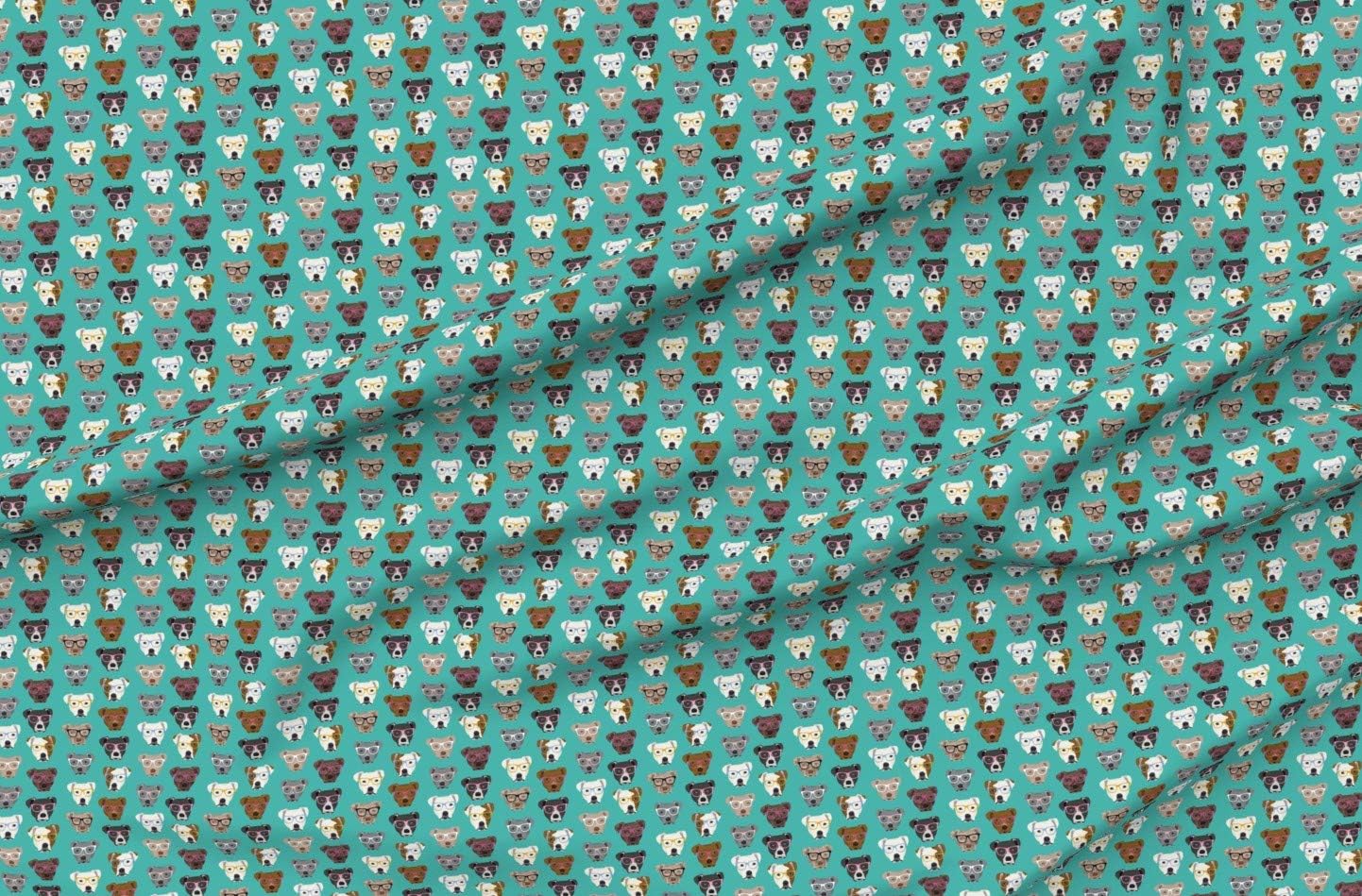 Spoonflower Fabric - Pitbull Glasses Cute Dogs Pitty Turquoise Pitbulls Pet Portrait Printed on Organic Cotton Sateen Fabric by The Yard - Sewing Quilting Apparel Home Decor