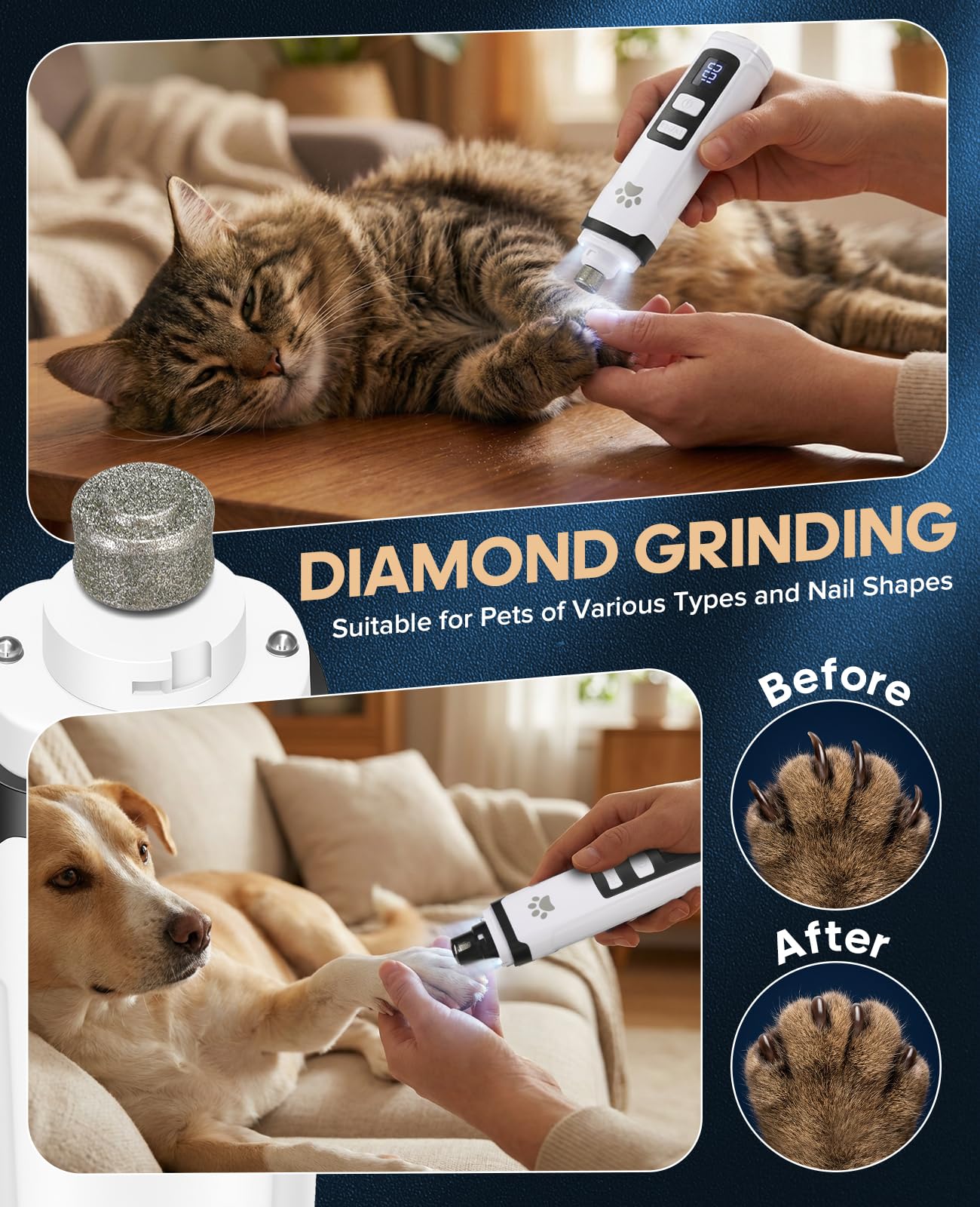 Molinillo de uñas para mascotas de bajo ruido con luz, recortador de uñas recargable de 2 velocidades con pantalla LED de batería, molinillo de uñas inalámbrico profesional para perros y
