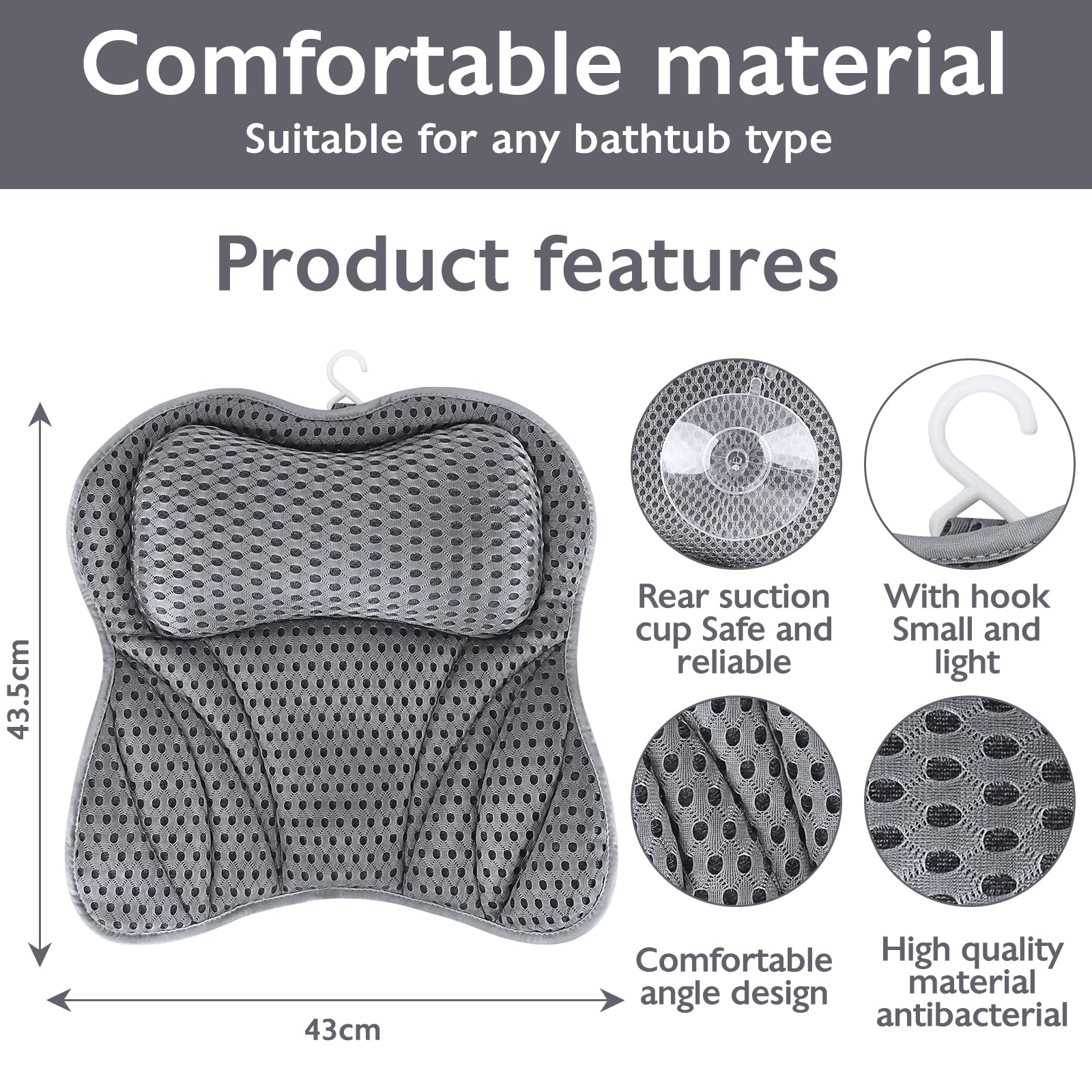 UCAMP Almohada de Baño,Cojín de Baño con tecnología 4D-Air-Mesh y 6 ventosas,Almohada para Bañera para Cabeza,Cuello,Espalda y Hombros,con máscara para Ojos Negra incluida, SPA en casa