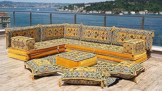 Yellow Traditional Floor Couch Set, L Shaped Sectional Sofas, Arabic Floor Sofa Set,Yoga Meditation Mat, Futon Sofa Bed (L Sofa Full Set)