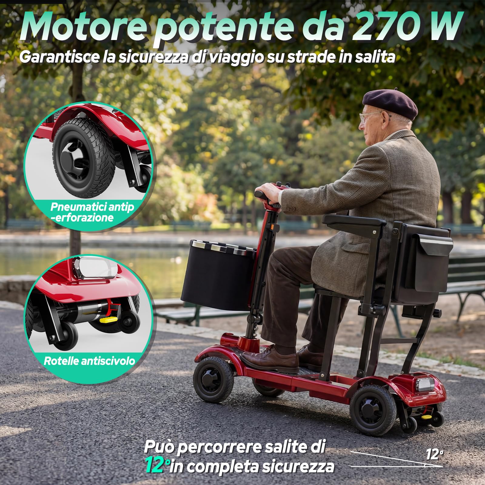 X-17 Scooter di Mobilità 4 Ruote, Autonomia 30km, Leggero e Pieghevole, Peso Massimo 130kg, 8 km/h, Sedere Confortevole, Ideale per Anziani e Disabili