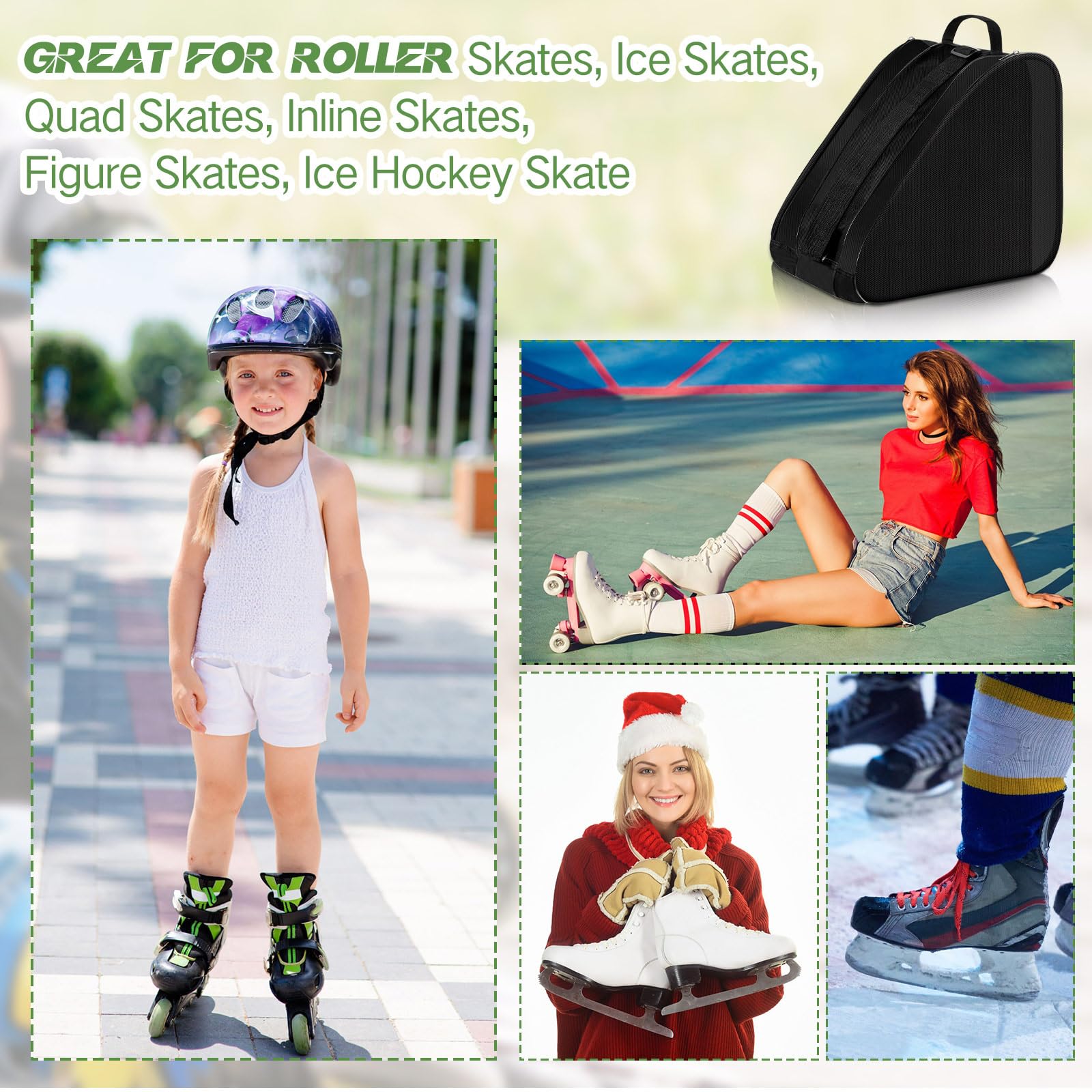 CHENGU Lot de 2 sacs de patins à roulettes respirants de grande capacité avec bandoulière réglable - Accessoires de patinage artistique pour garçons et filles - Noir