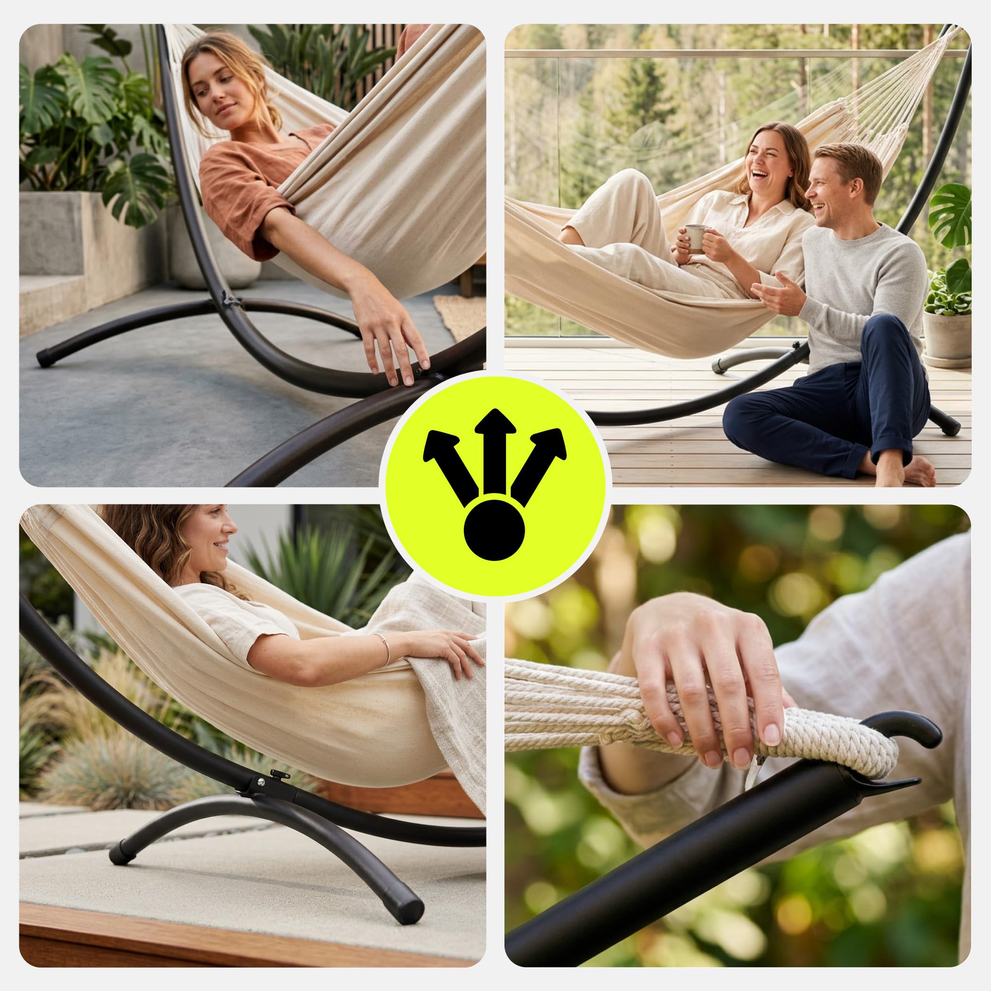 HyperMotion Set Hängematte mit Metall-Bogengestell, Beige, 50% Polyester und 50% Baumwolle, 200x150cm, 1,35kg, bis 100kg