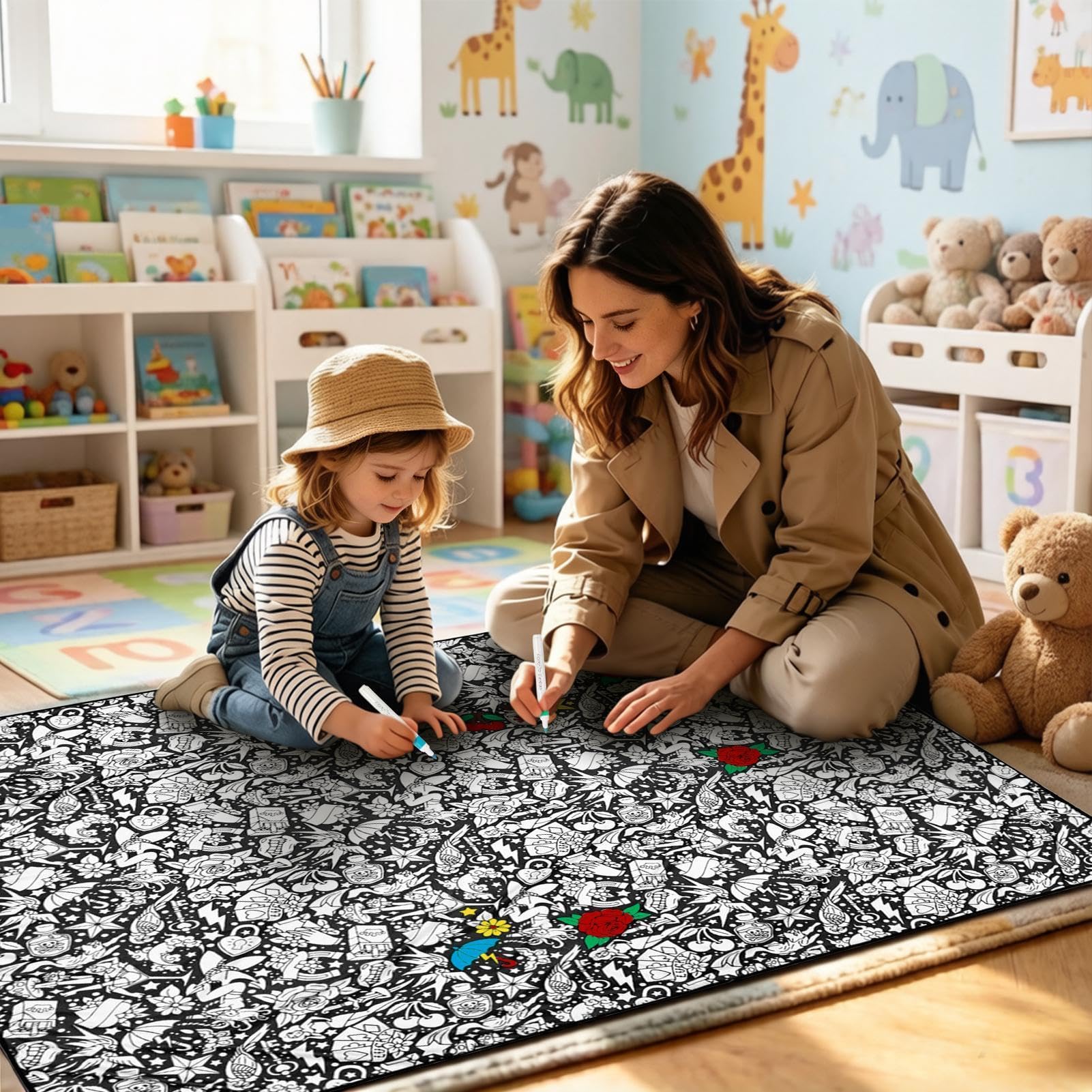 Coperte da colorare per adulti, Coperta colorata con pennarelli con 24 pennarelli, 59,06 × 45,28 pollici Coperta lavabile e riutilizzabile per adulti, bambini, artigianato fai-da-te, viaggi, auto