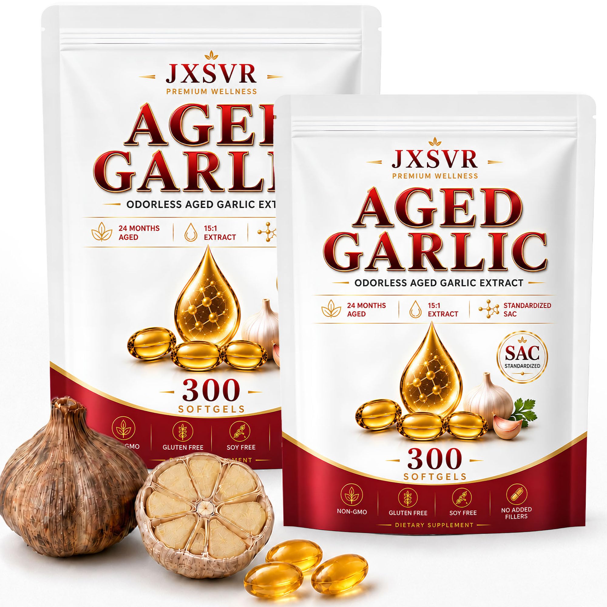 Pure Aged Odorless Garlic Extract Softgels, Aged Garlic Supplements, 24-Month Naturally Aged with Standardized SAC, Heart Health, Immune &amp; Antioxidant Support, 300 Count (2)