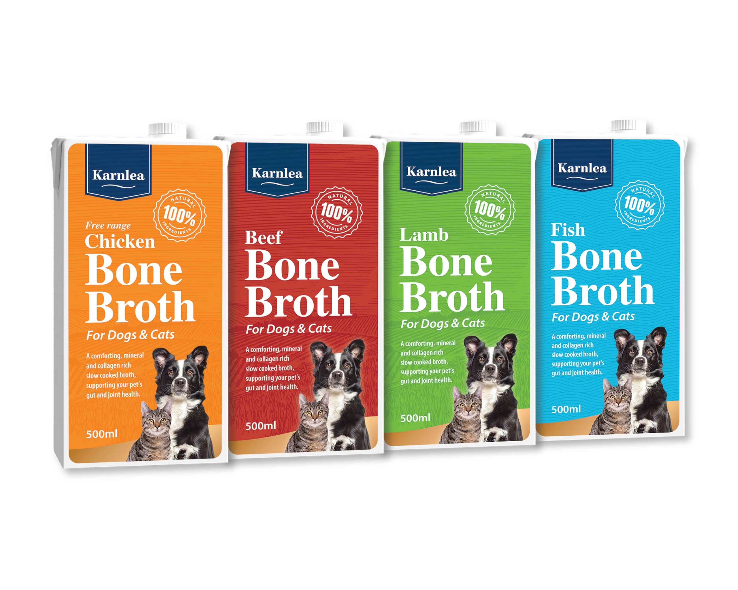 KARNLEABone Broth Variety Pack - 4 x 500ml | 100% Real Chicken, Beef, Fish & Lamb Liquid Bone Broth for Cats & Dogs | High in Collagen & Protein for Healthy Joints, Gut, Digestion, Skin & Sickness