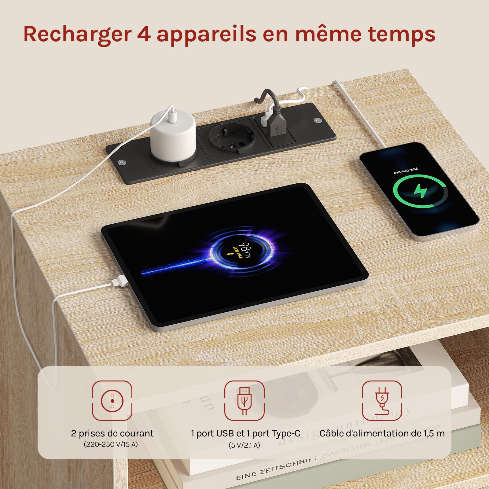 WOLTU Table de Chevet Connctée, avec LED Réglable et Multiprise, Lot de 2