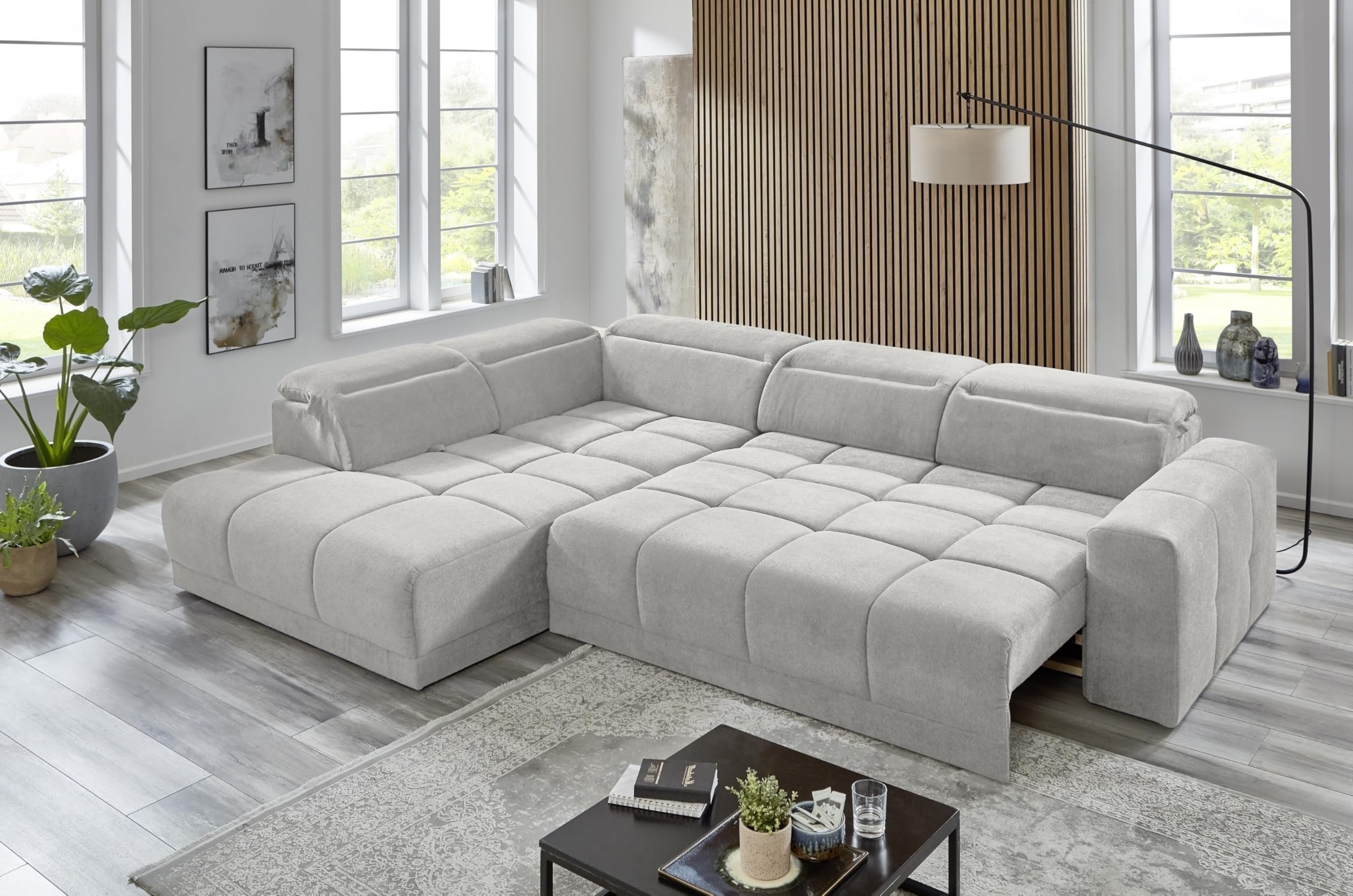 möbelando freiraum Donaugh Ecksofa mit elektrischer Sitztiefenverstellung – 323x231 cm, Silbergrau, inkl. 5 verstellbare Kopfteile & Ottomane – XXL Komfort für Wohnzimmer