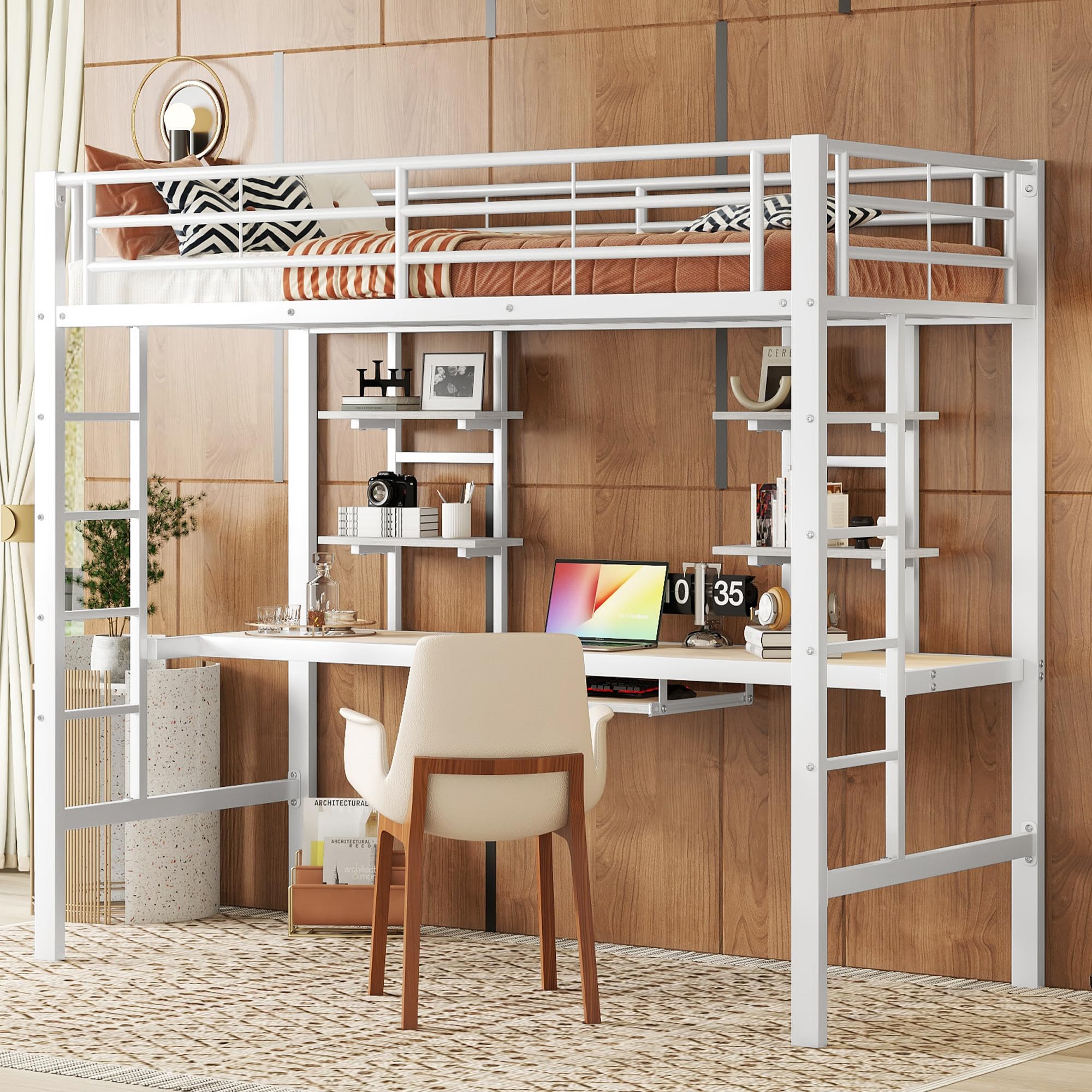 Letto A Soppalco In Metallo 90x200 Cm Con Scrivania A L E Scaffale - Struttura Ferro, Griglia Inclusa - Nero - Per Bambini, Ragazzi E Adulti (Senza Materasso)