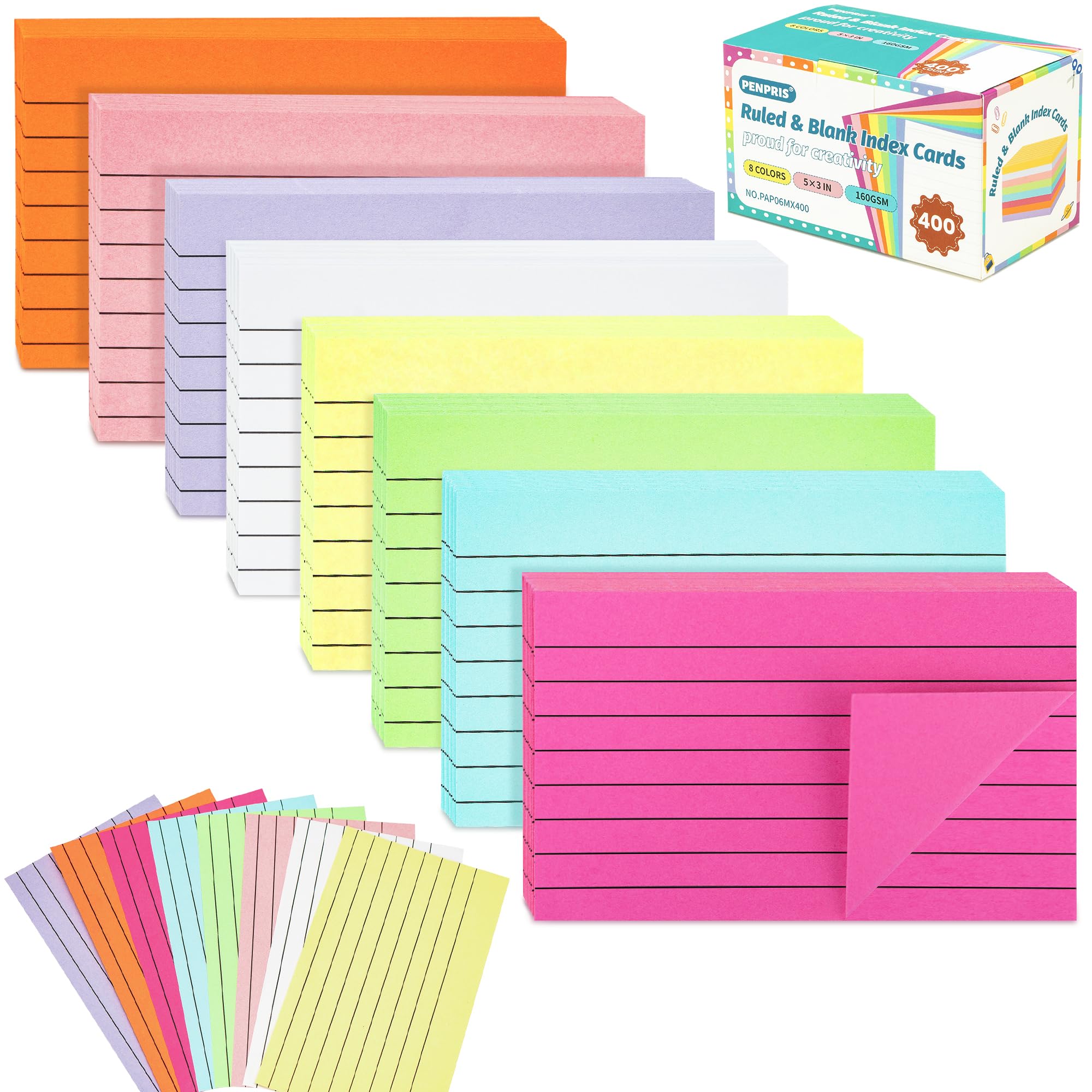 400PCS Colored Index Cards, 8 Colours 8 Sets 5"x3" One Side Lined One Side Blank