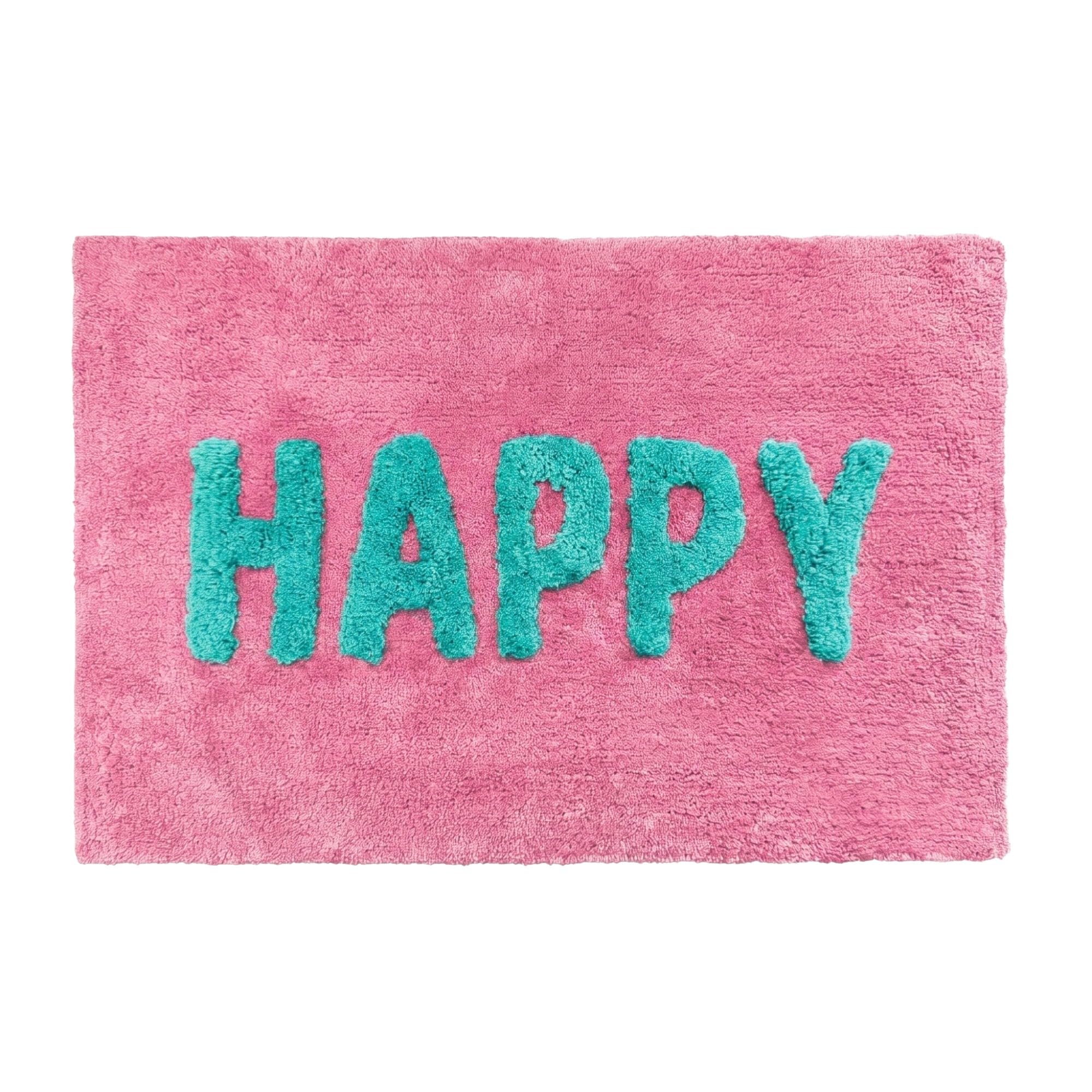 Mooky Mats Happy Slogan Pink Bath Mat Non Slip 50 x 80cm – Super Soft, Absorbent & Quick Drying Hand Tufted Bathroom Rug (Pink/Turquoise)