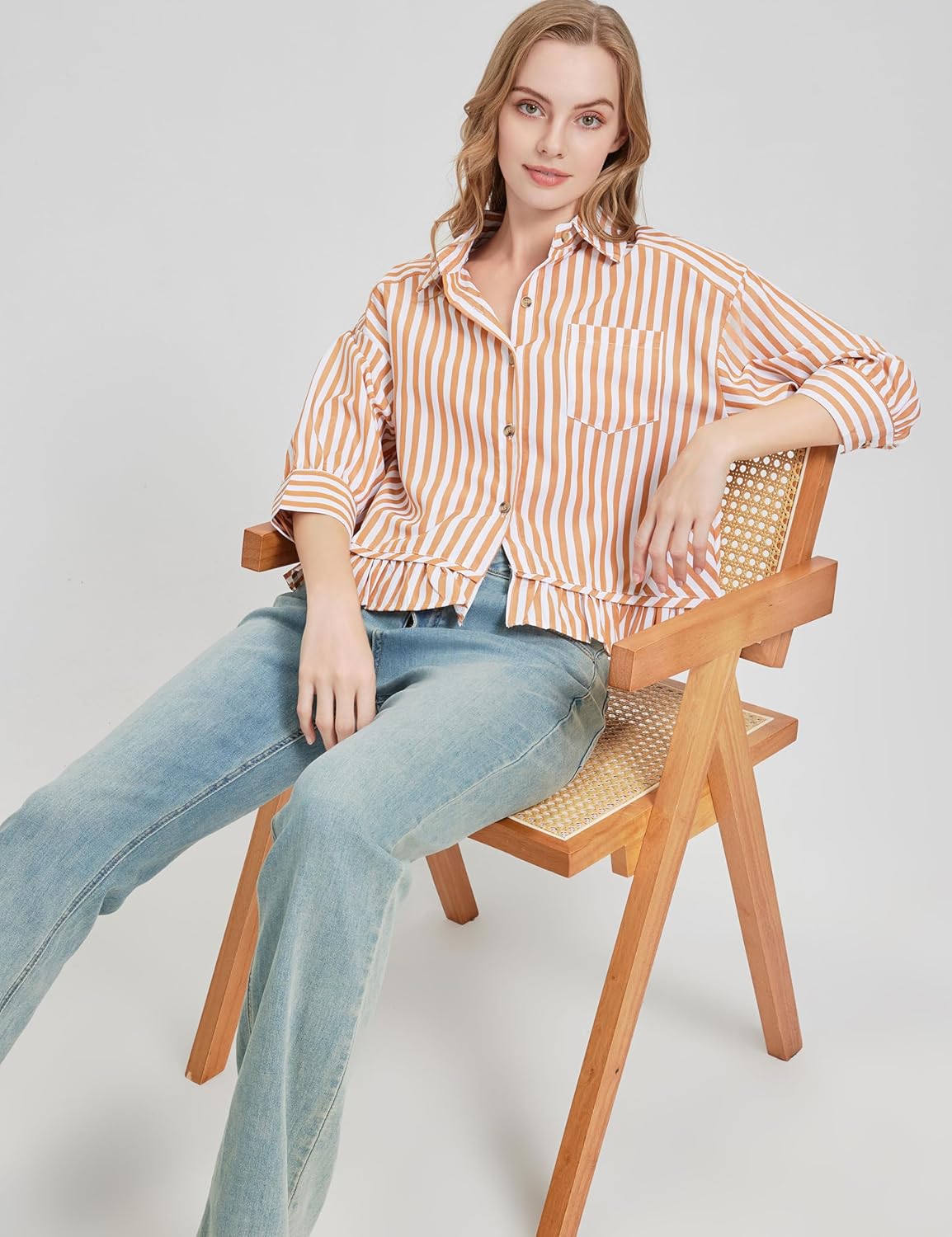 Womens Casual Oversized Striped Button Down Shirt 3/4 Sleeve Cropped Peplum Ruffled Hem Babydoll Blouse Tops - Image 7