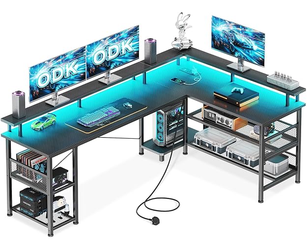 ODK L Shaped Gaming Desk with LED Lights & Power Outlets, 168×120cm Reversible Corner Desk with Storage Shelves, Computer Desks with Monitor Stand, Carbon Fiber Black - Carbon Fiber Black - 168×120cm