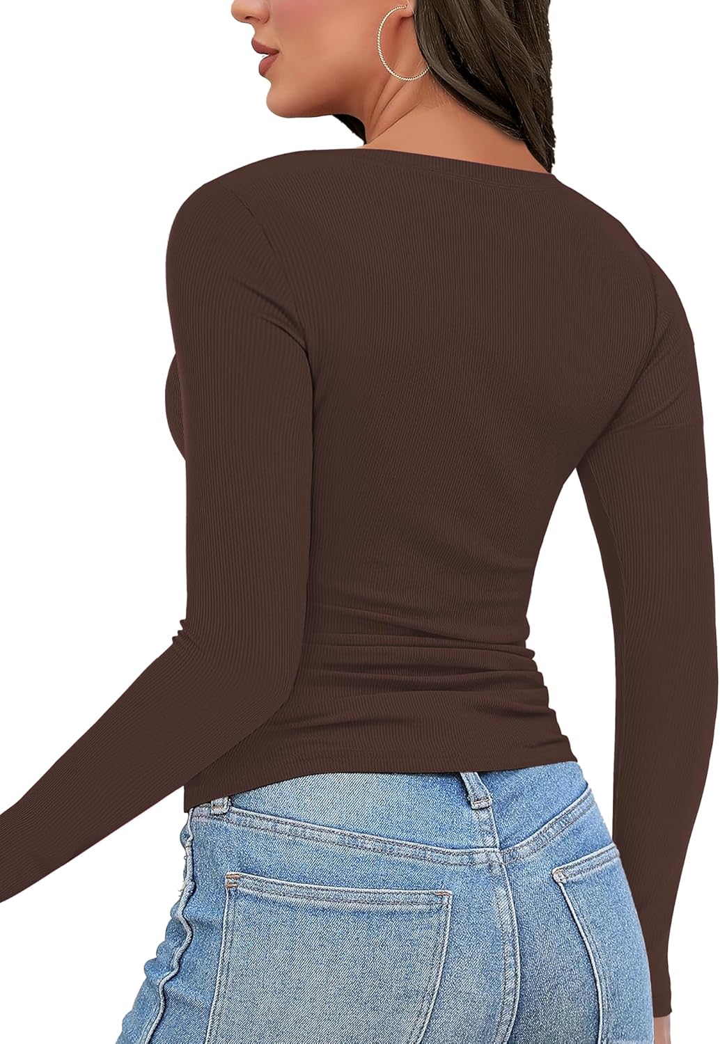 Buauty Womens Ribbed Long Sleeve Shirts Cutout Slim Fit Tee Trendy Sexy Top Fall Fashion 2025 Going Out Tshirts Y2K Clothes Brown - Image 3