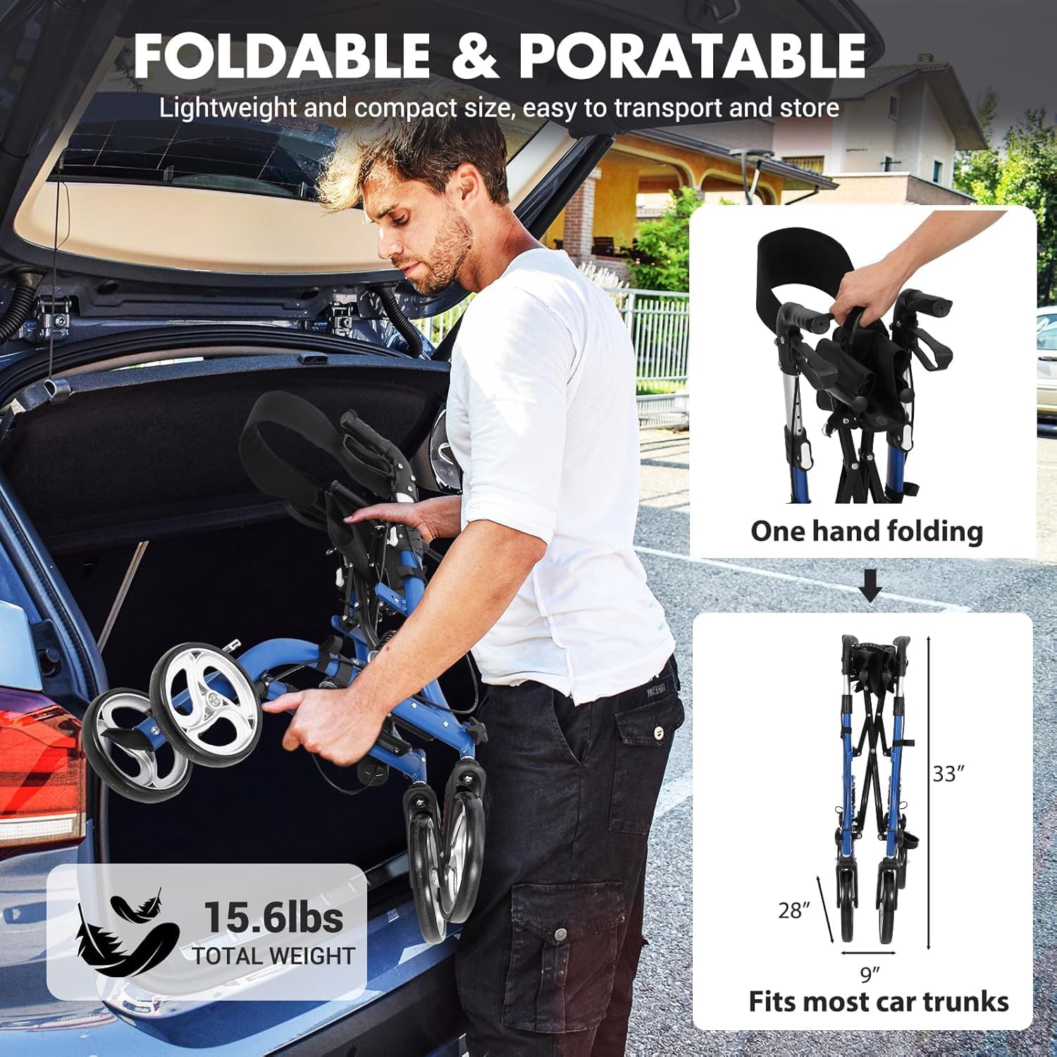 Rollator 2 in 1 per anziani - Deambulatore pieghevole leggero con freni, seduta e schienale - Ruote robuste per tutti i terreni, alluminio, capacità 150kg - Ideale per mobilità e passeggiate