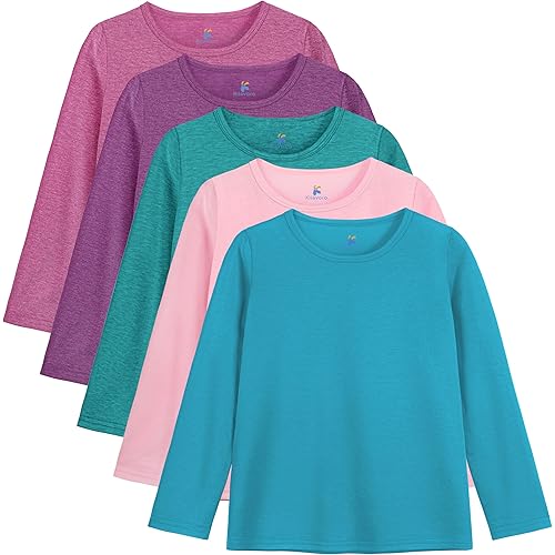 5 Pack Girls Long Sleeve Shirts Soft Crewneck Long-Sleeve T-Shirts Basic Tagless Layering Tees