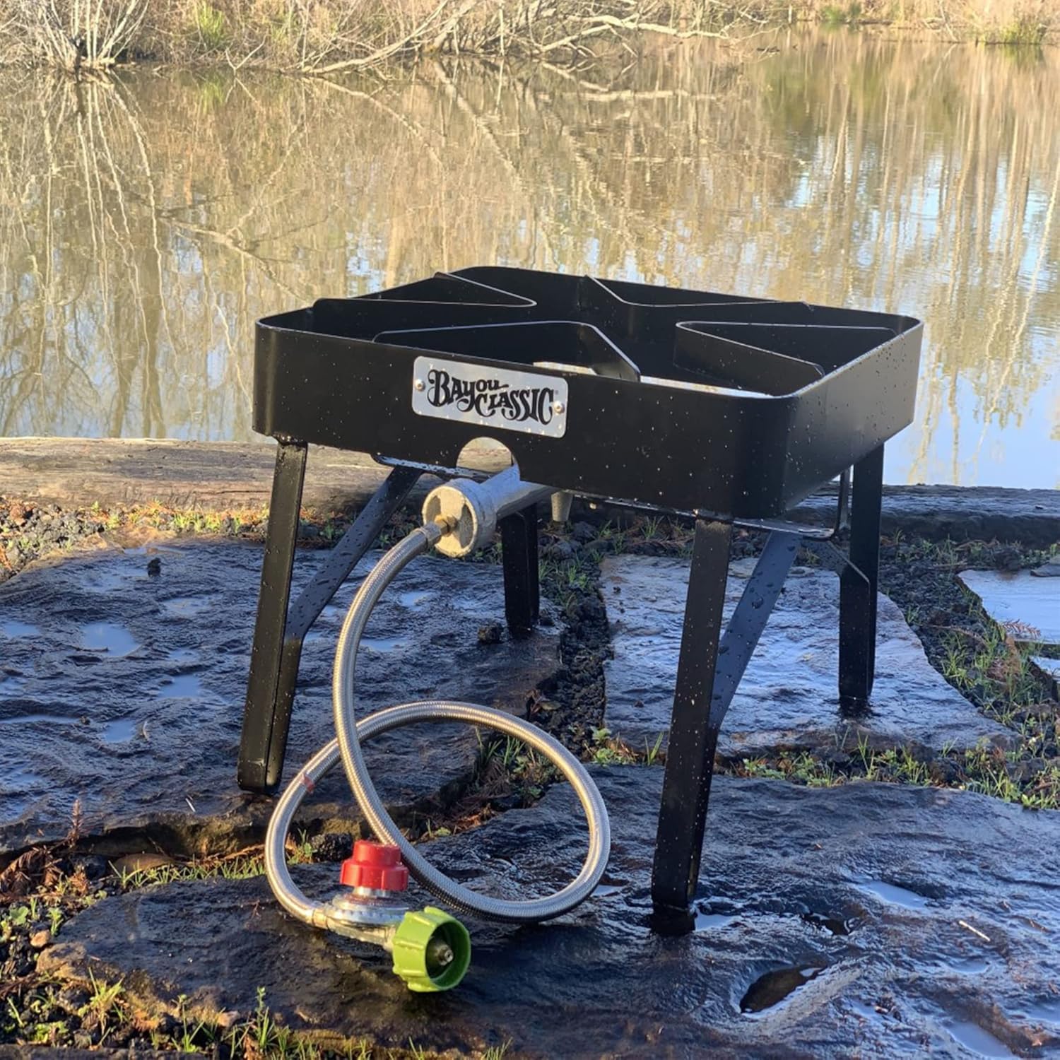 Bayou Classic Outdoor Patio Stove - Portable, 5-psi Regulator, Hose - 16 x 16 x 13 in - Stainless Steel