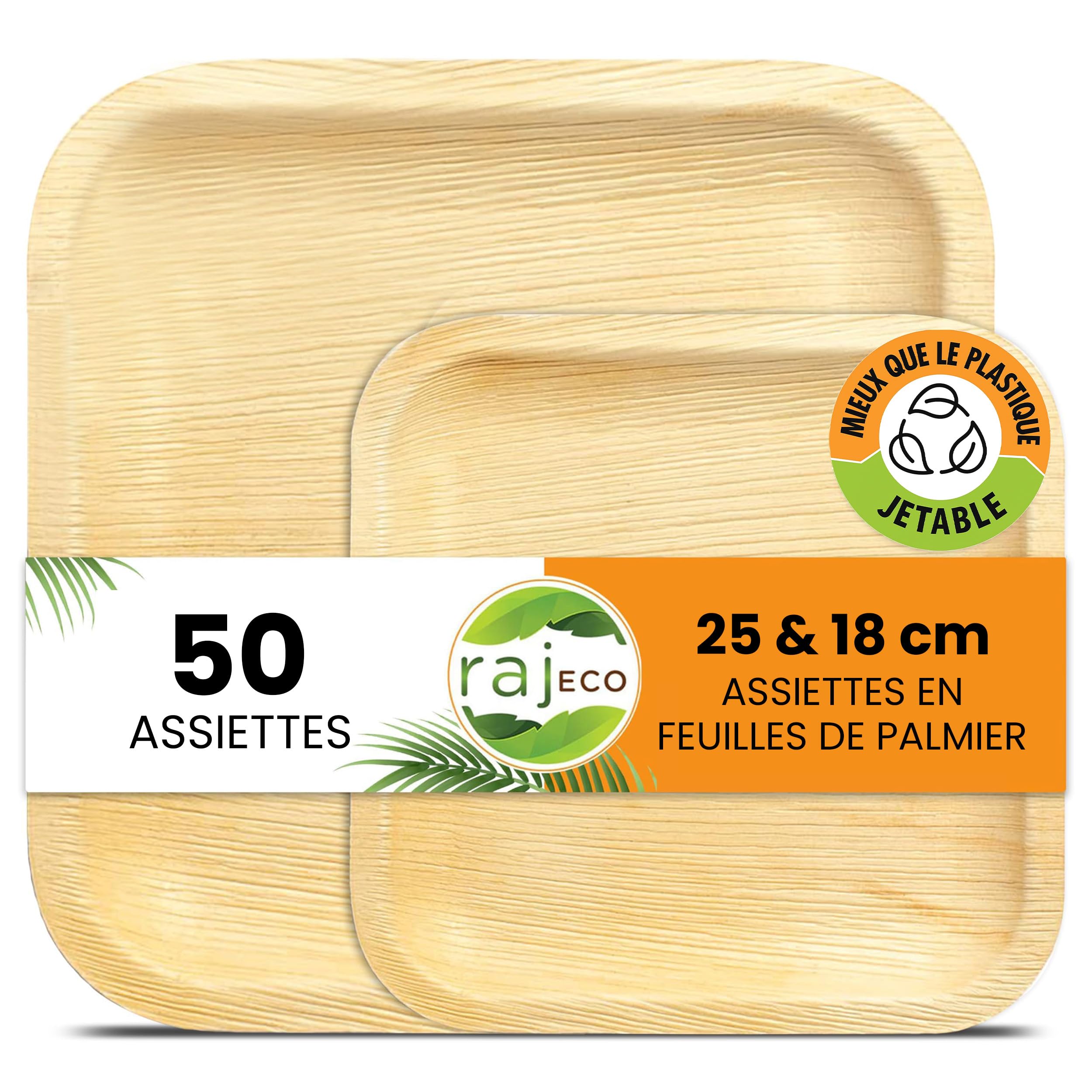 Raj Assiettes en Feuille de Palmier [Lot de 50] Assiettes Carrées 25 cm & 18 cm - Vaisselle Jetable Solide et Élégante pour Fêtes, Mariages, BBQ, Camping et Pique-niques