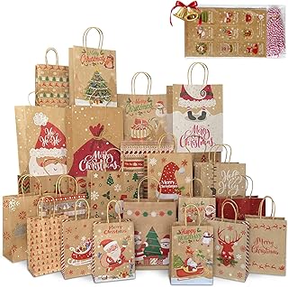 Christmas Gift Bags 24 Pack, Christmas Kraft Paper Bags Bulk with Handle...