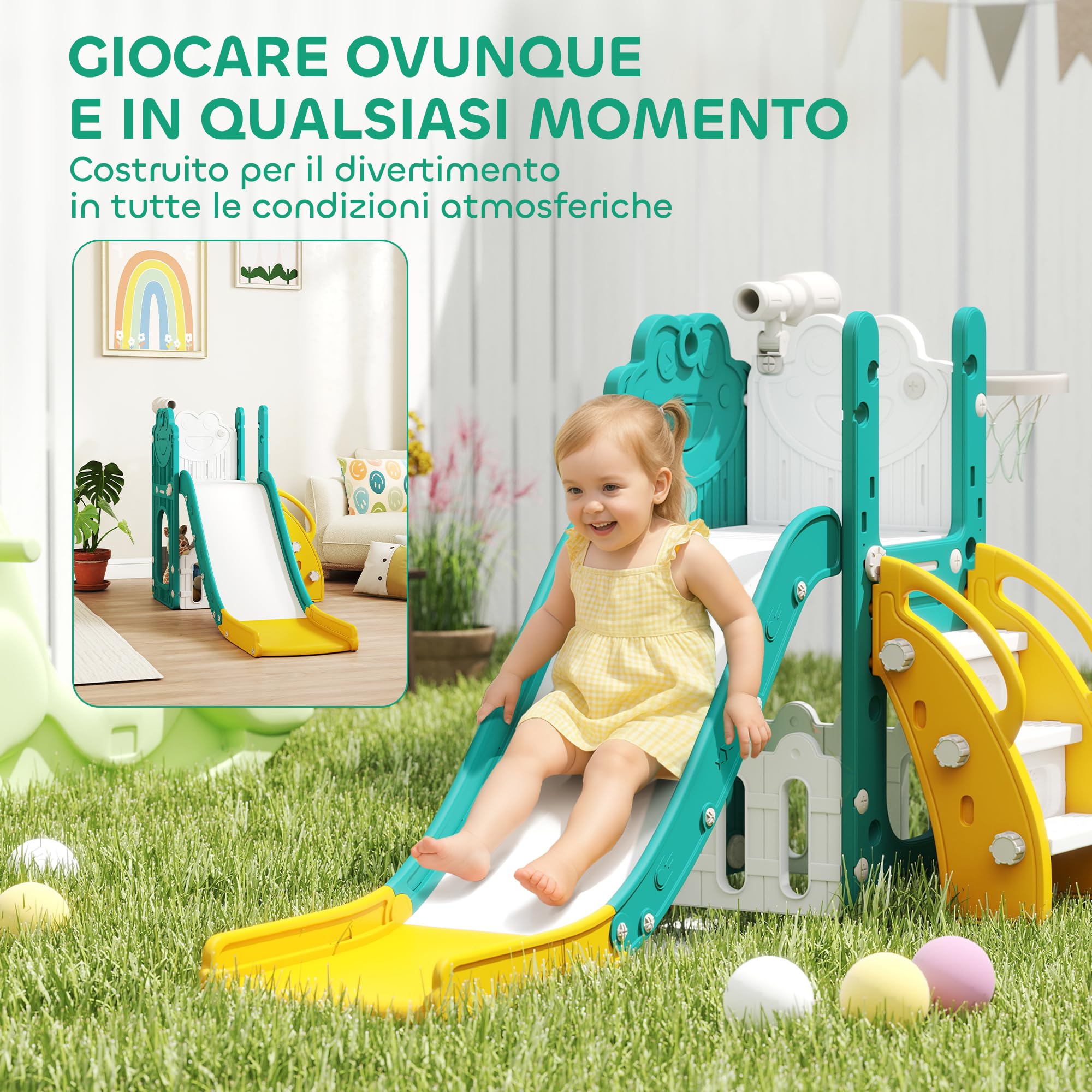 AIYAPLAY Set Scivolo per Bambini 5 in 1 con Canestro, Scaletta, Telescopio Giocattolo e Contenitori, Giochi per Bambini da Interno ed Esterno Età 1-3 Anni, Giallo