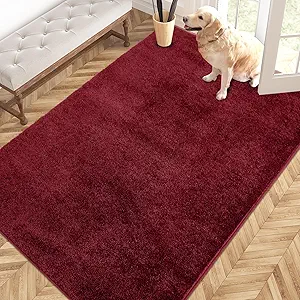 PURRUGS Easy Care Area Rug 4ft x 6ft, Non-Slip Machine Washable Entryway Rug, Dog Door Mat, Stain Resistant Accent Rug for Hallway, Living Room, Bedroom and Mudroom, Burgundy Red