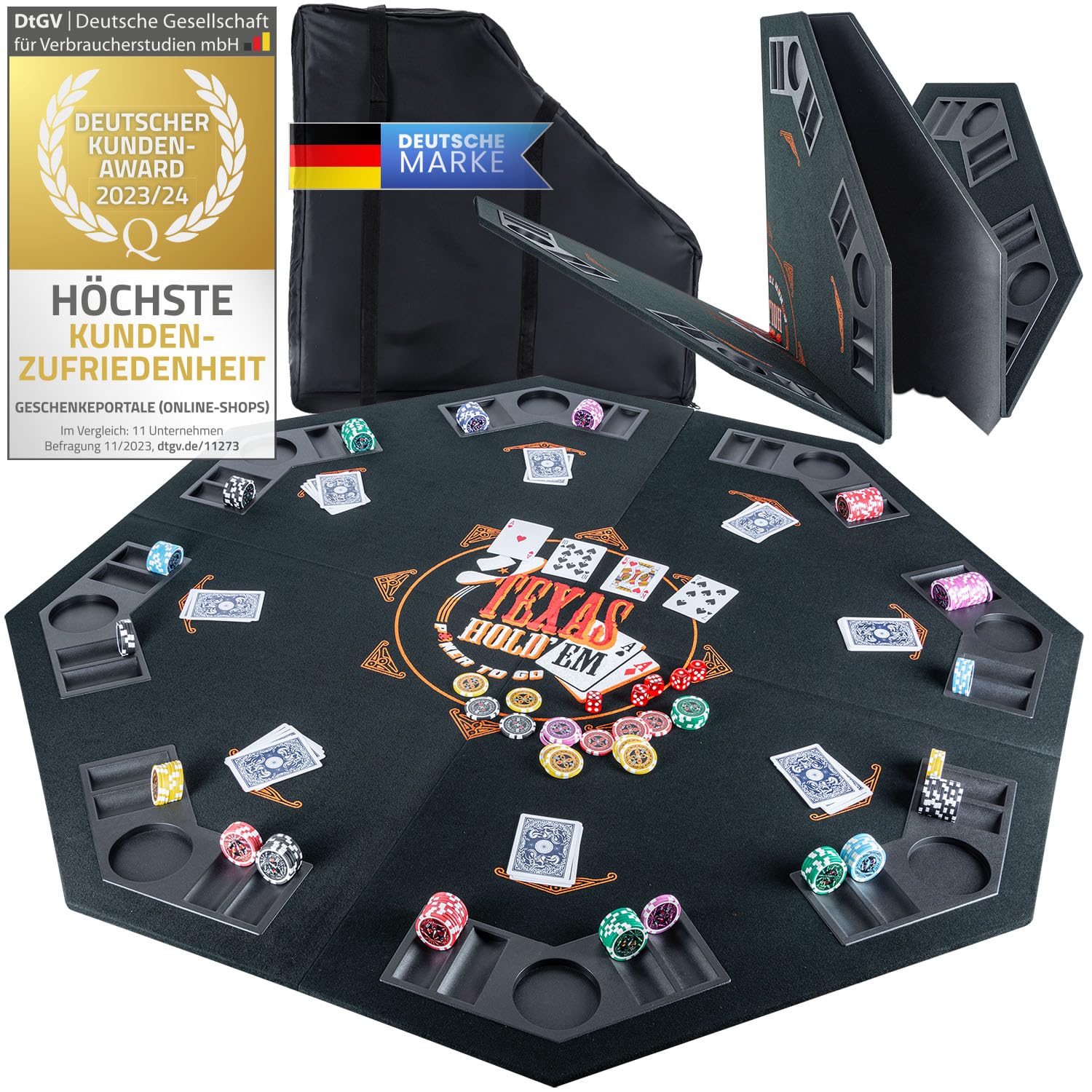 GOODS+GADGETS XXL Pokertisch-Auflage 120 x 120 cm Faltbare Pokerauflage; Poker-Zubehör Pokermatte Tisch-Auflage mit hochwertigem Filz; mit 8 Getränkehaltern; mobil & klappbar (Schwarz - 120 x 120 cm)