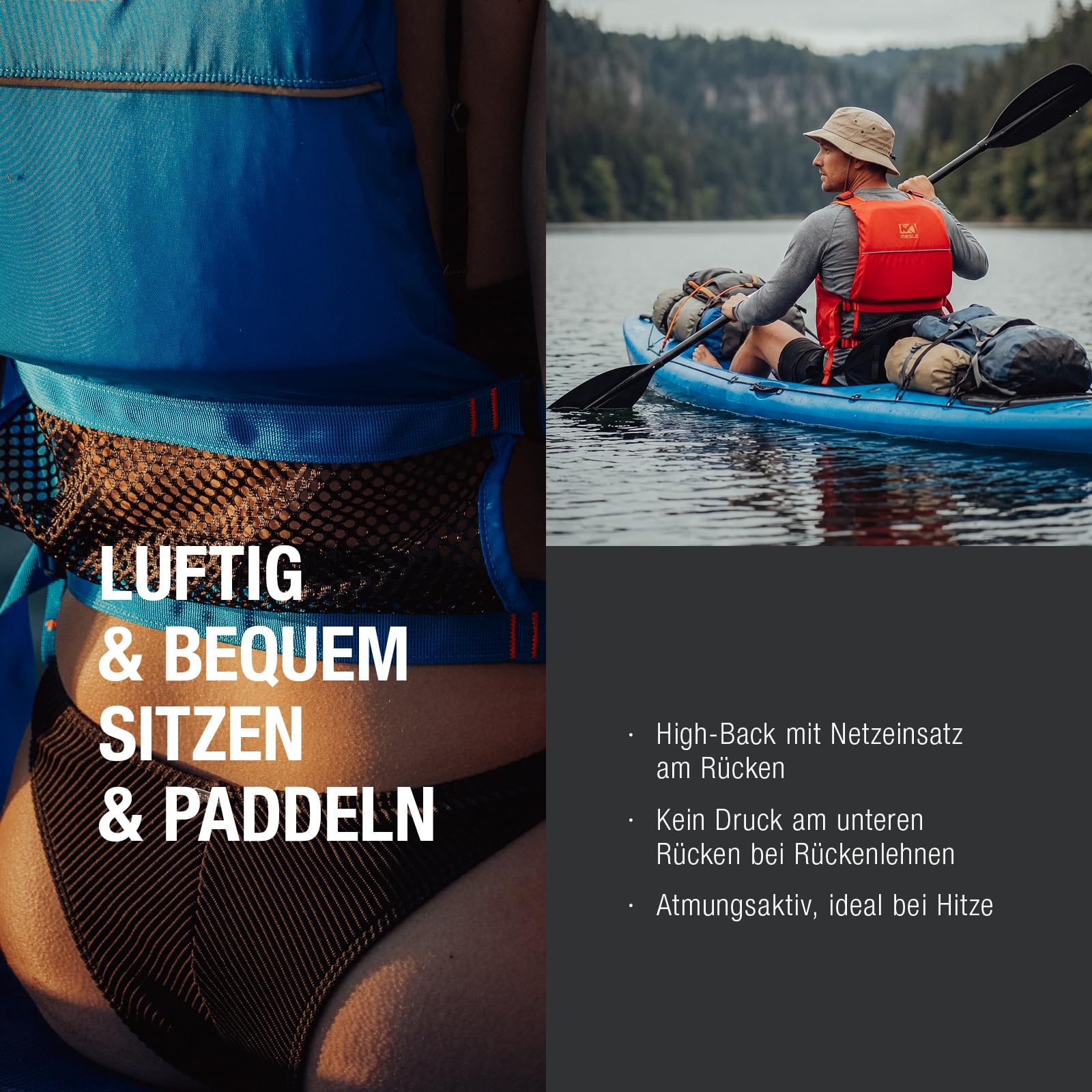 MESLE Kajak & SUP Schwimmweste Ara Mesh 50N Unisex 50–120 kg – High-Back Design, mit Tasche & Handyhülle | Leichte Schwimmhilfe Herren/Damen für Paddeln, Rudern, Segeln, Angeln & Wassersport