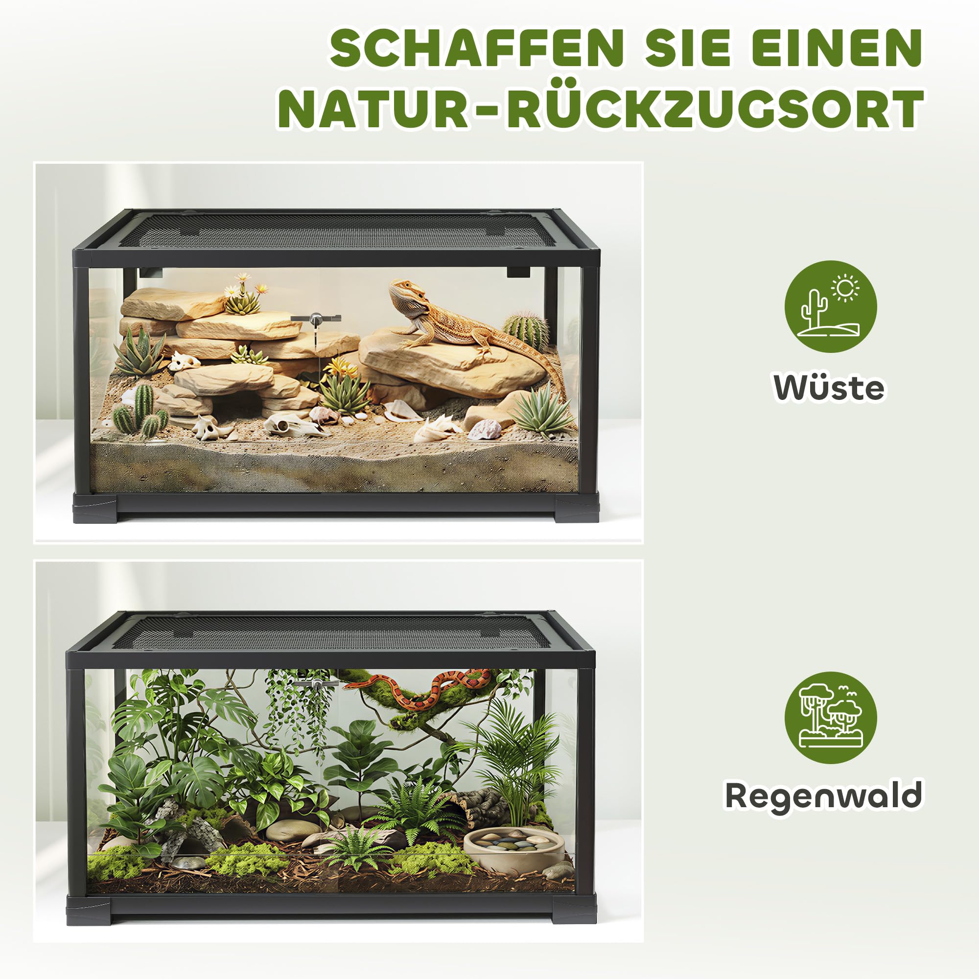 PawHut Terrarium für Reptilien mit Schiebetür Schwarz 60 x 45 x 32 cm | Glasterrarium, Reptil Fütterungsbox, Ausbruchsicherer Verschluss, für Springspinnen, Eidechsen, Schnecken