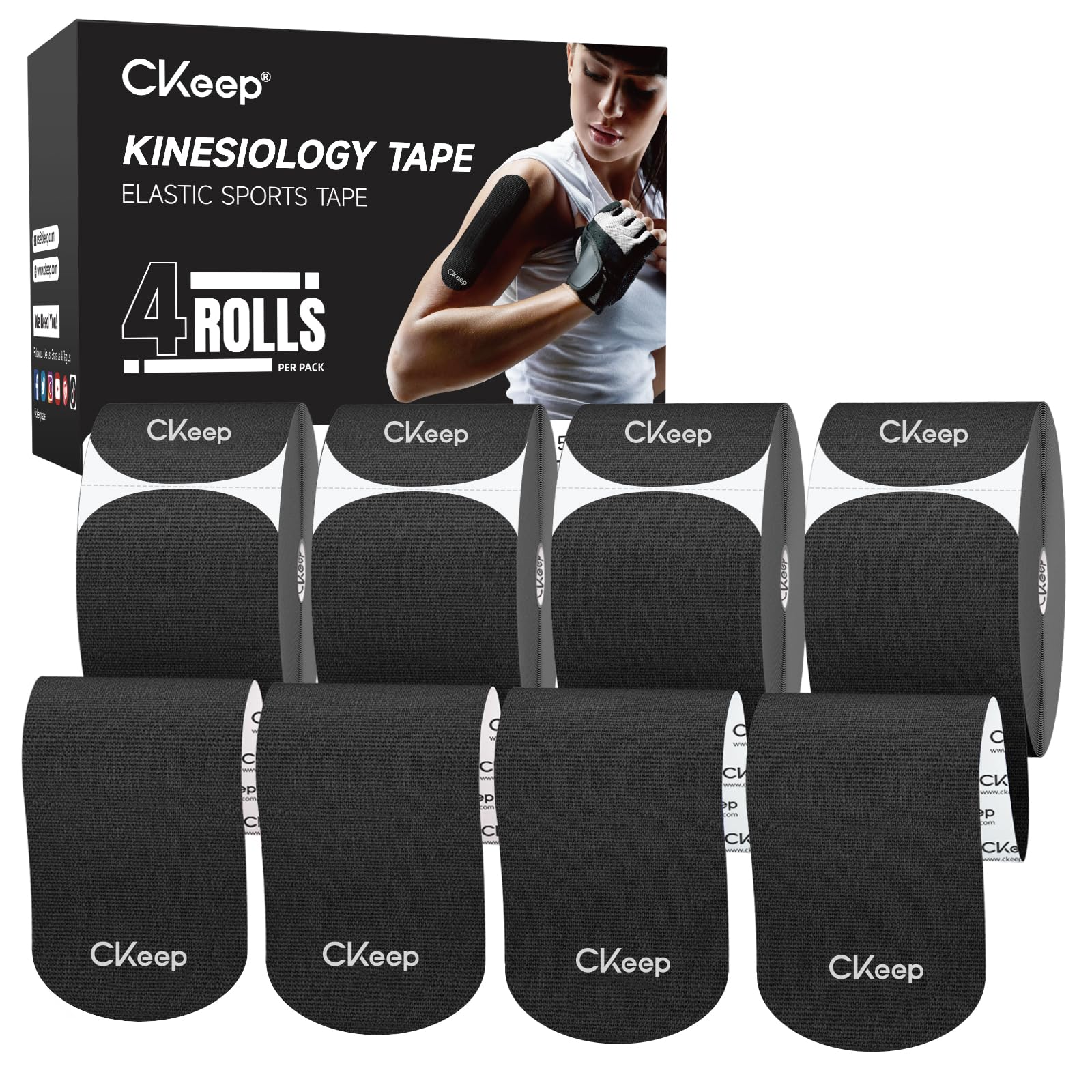 CKeep Kinesiology Tape, Elastic Precut Strips 4 Rolls, Black