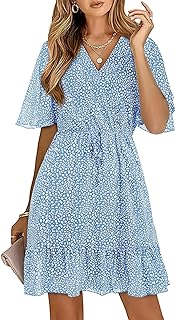 KIRUNDO Womens Summer Dresses 2026 Casual Spring Short Sleeve V Neck Ruffle Floral Print High Waist Belted Flowy Mini Dress